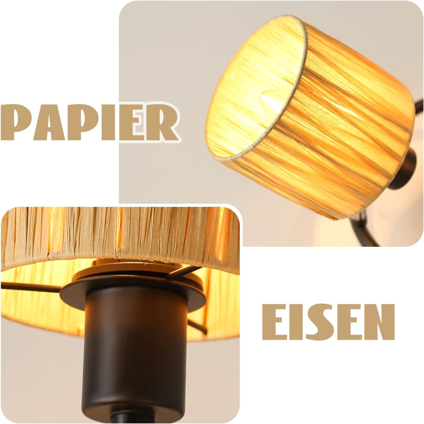 Dwa zbliżenia lamp, jedna z tkanym kloszem, druga czarna z etykietą.