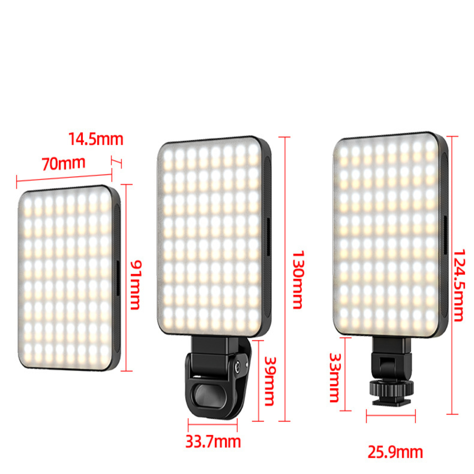 Drei LED-Leuchten mit beschrifteten Abmessungen. Rechteckige Form mit hellen LEDs.
