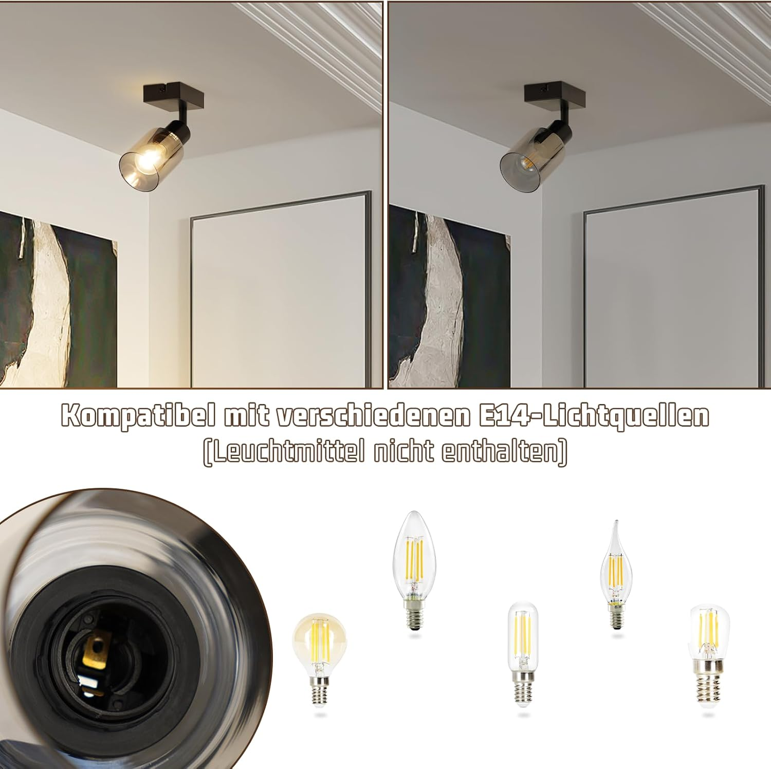 Dwa reflektory, jeden zapalony, z opcjami żarówek E14. Zbliżenie na gniazdo żarówki.