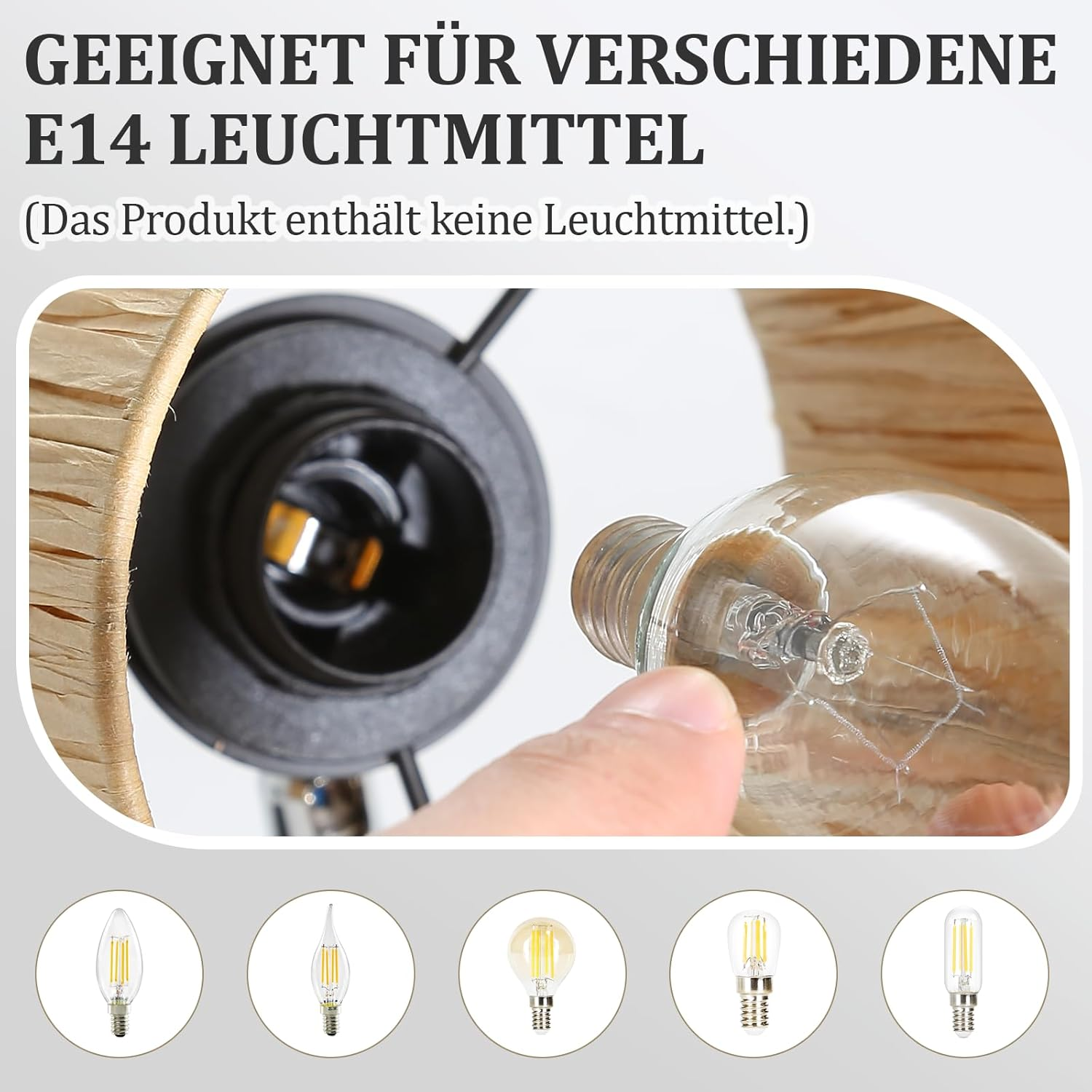 Zbliżenie oprawki lampy z żarówką i przykładami żarówek, z tekstem powyżej.