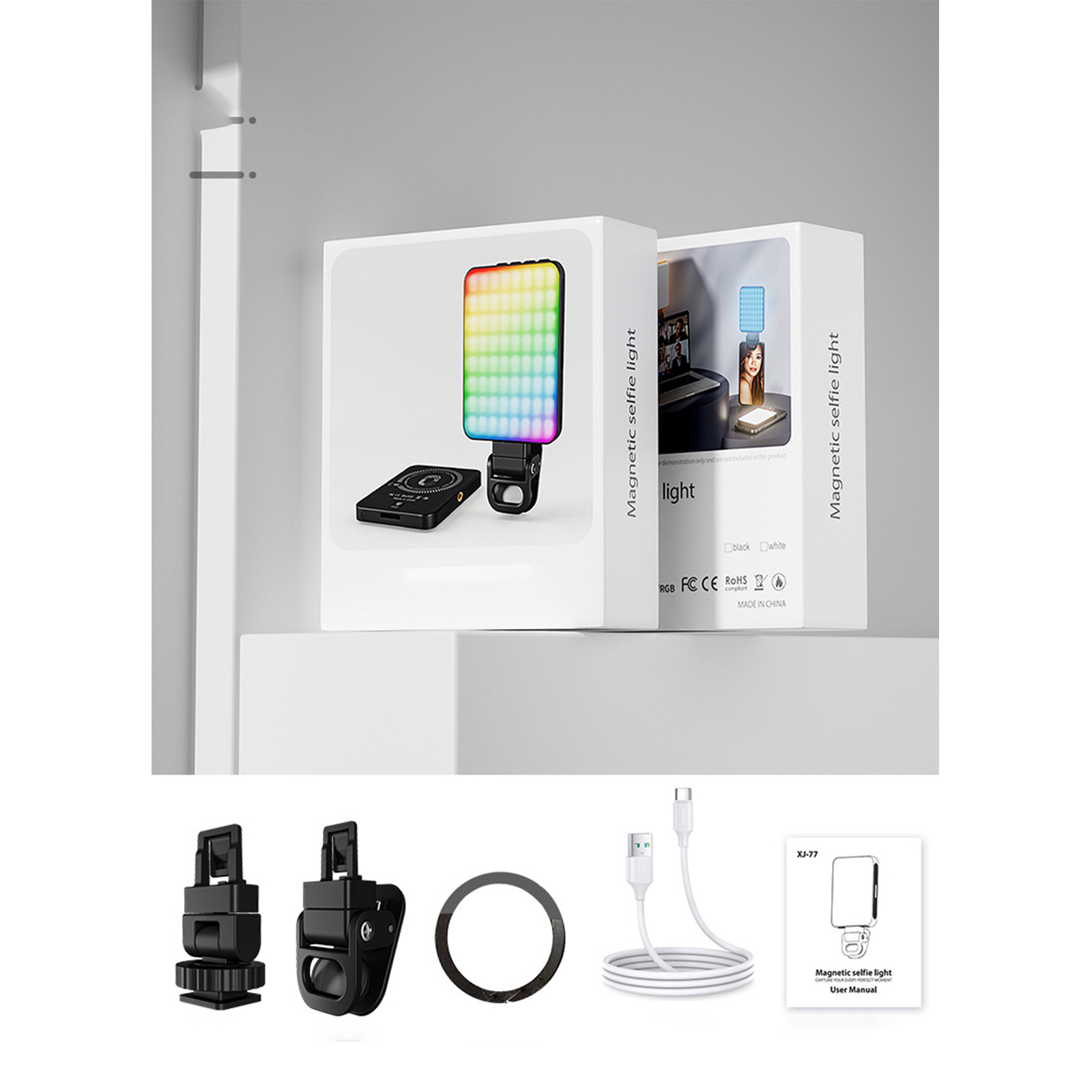 Eine Produktbox mit Selfie-Licht und verschiedenen Zubehörteilen.