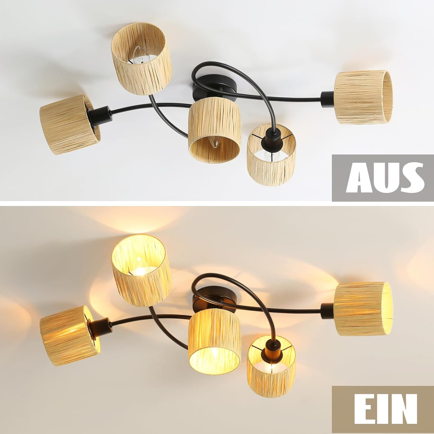 Światła sufitowe włączone i wyłączone. Lampy mają beżowe abażury i czarne zakrzywione ramiona.