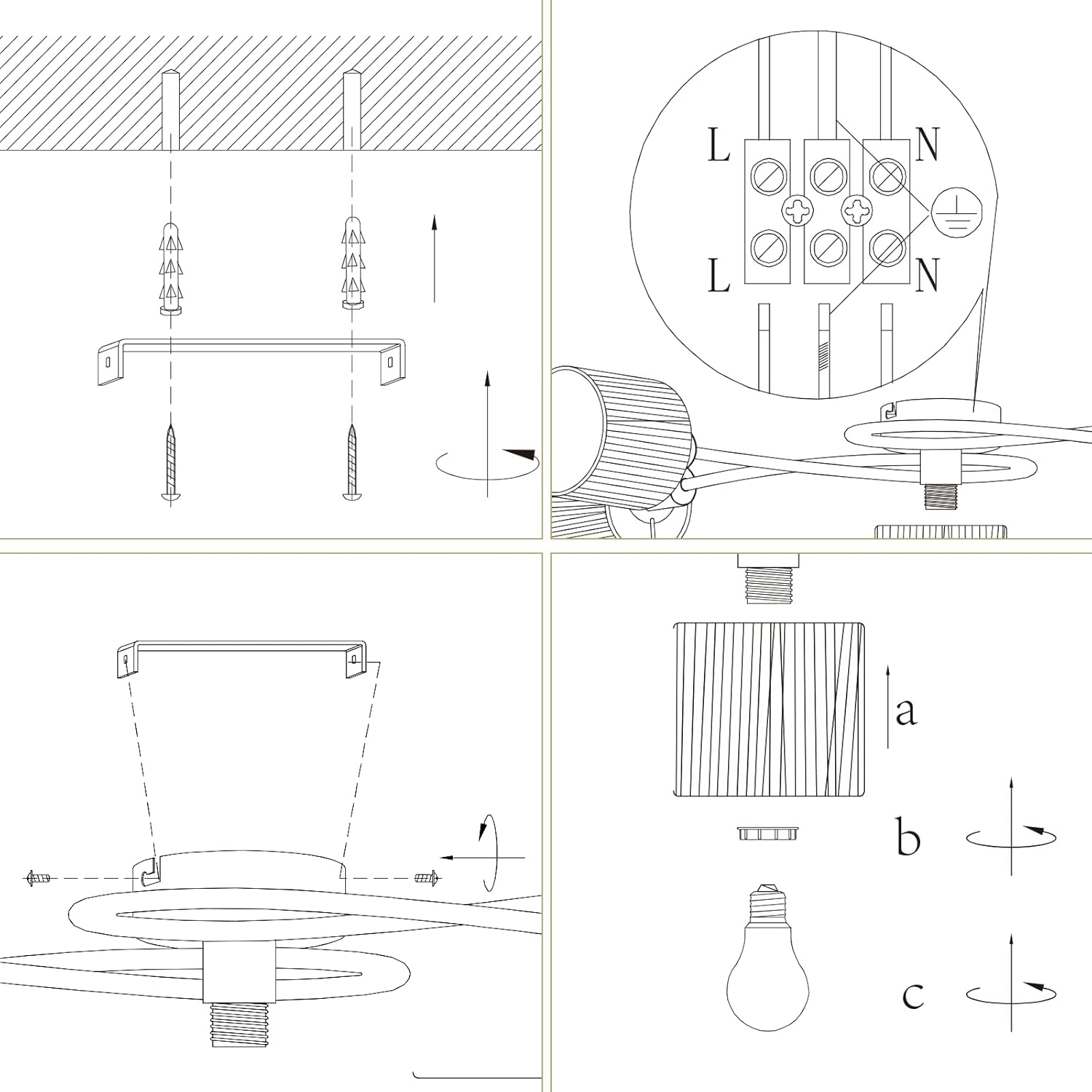 Schemat z krokami instalacji oprawy oświetleniowej.