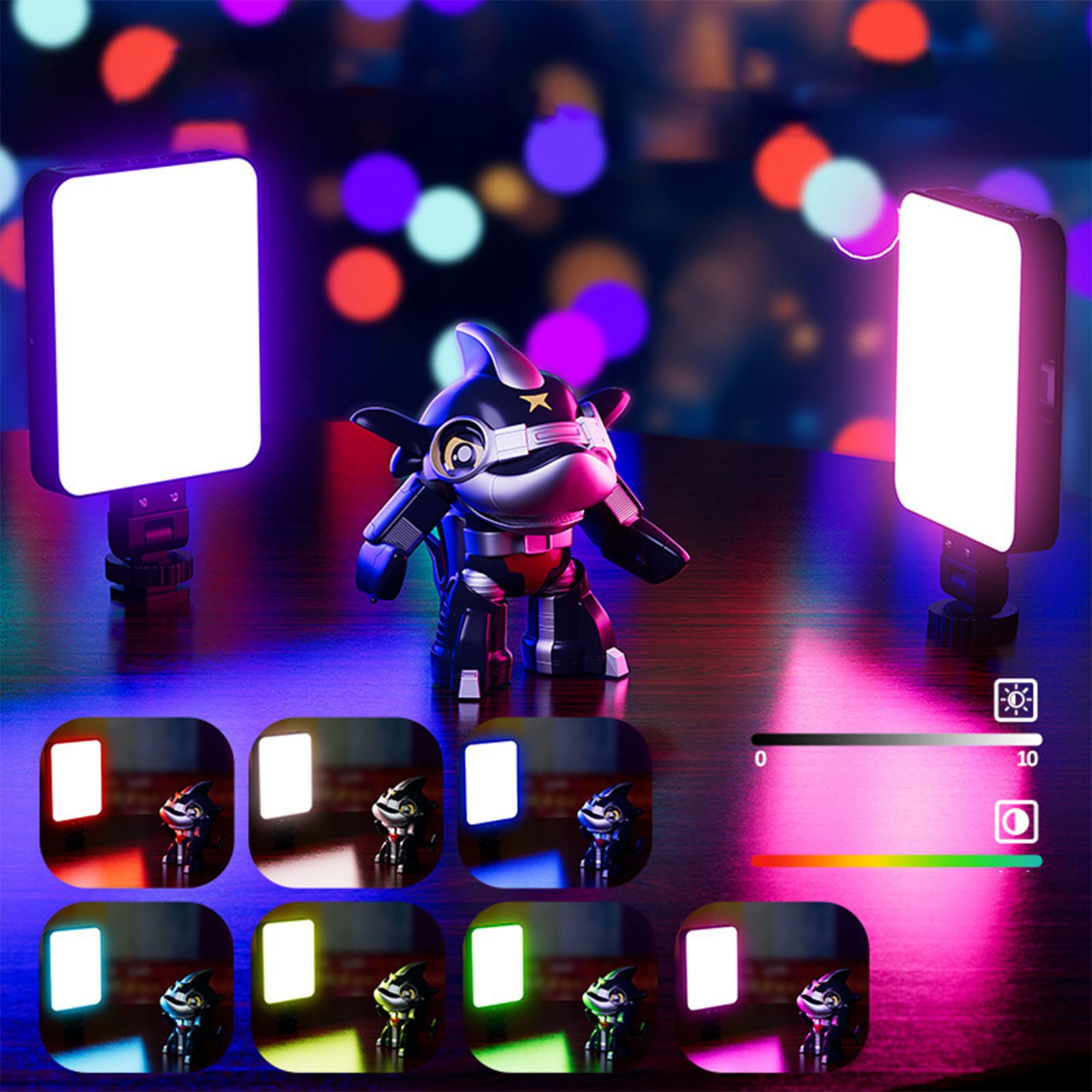 Ein Roboterspielzeug mit zwei Lichtern an den Seiten und einem Farbanpassungspanel. Der Hintergrund ist dunkel mit Lichtern.