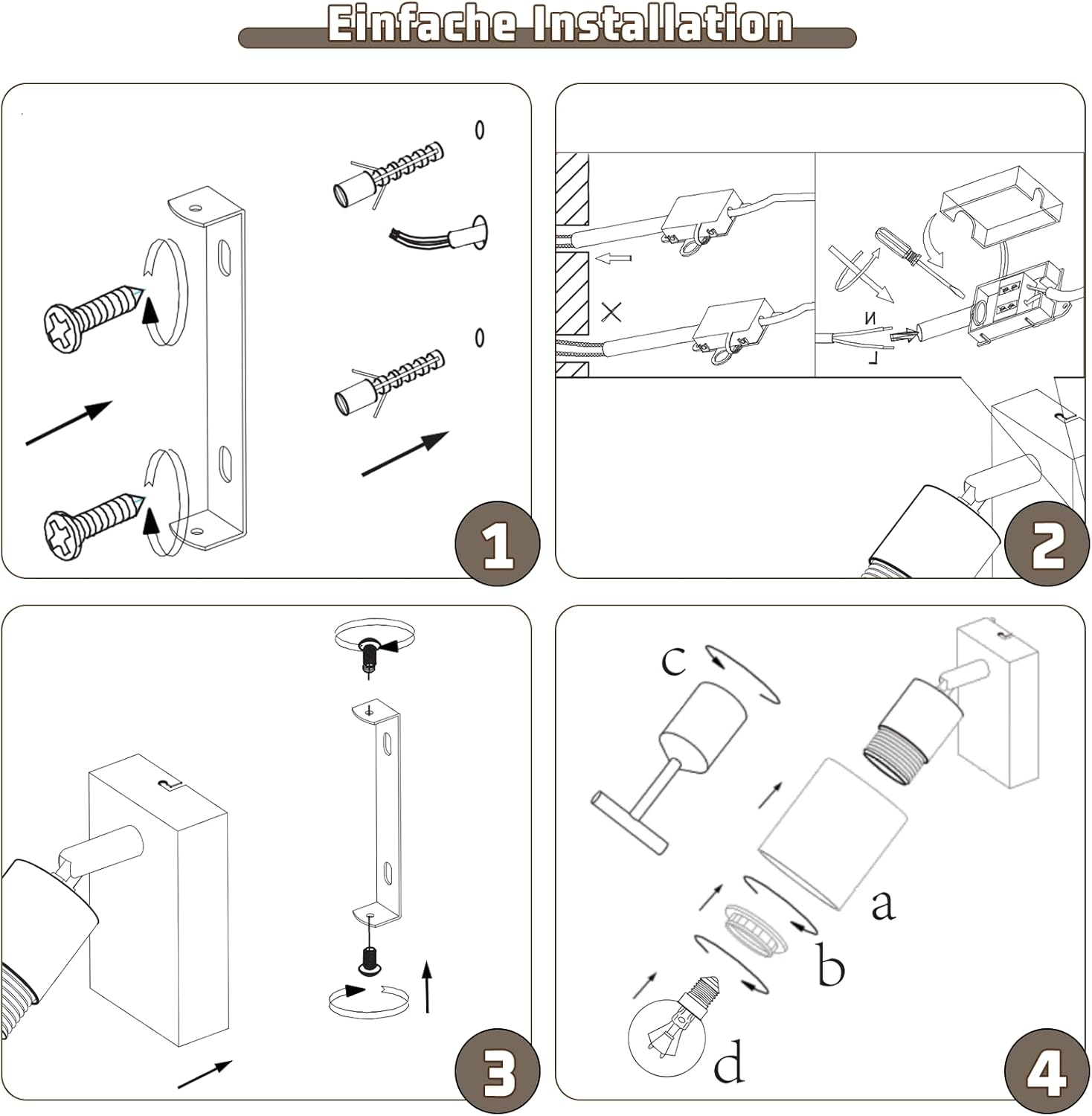 Instrukcje schematyczne dotyczące instalacji oprawy oświetleniowej. Pokazano kroki 1-4.