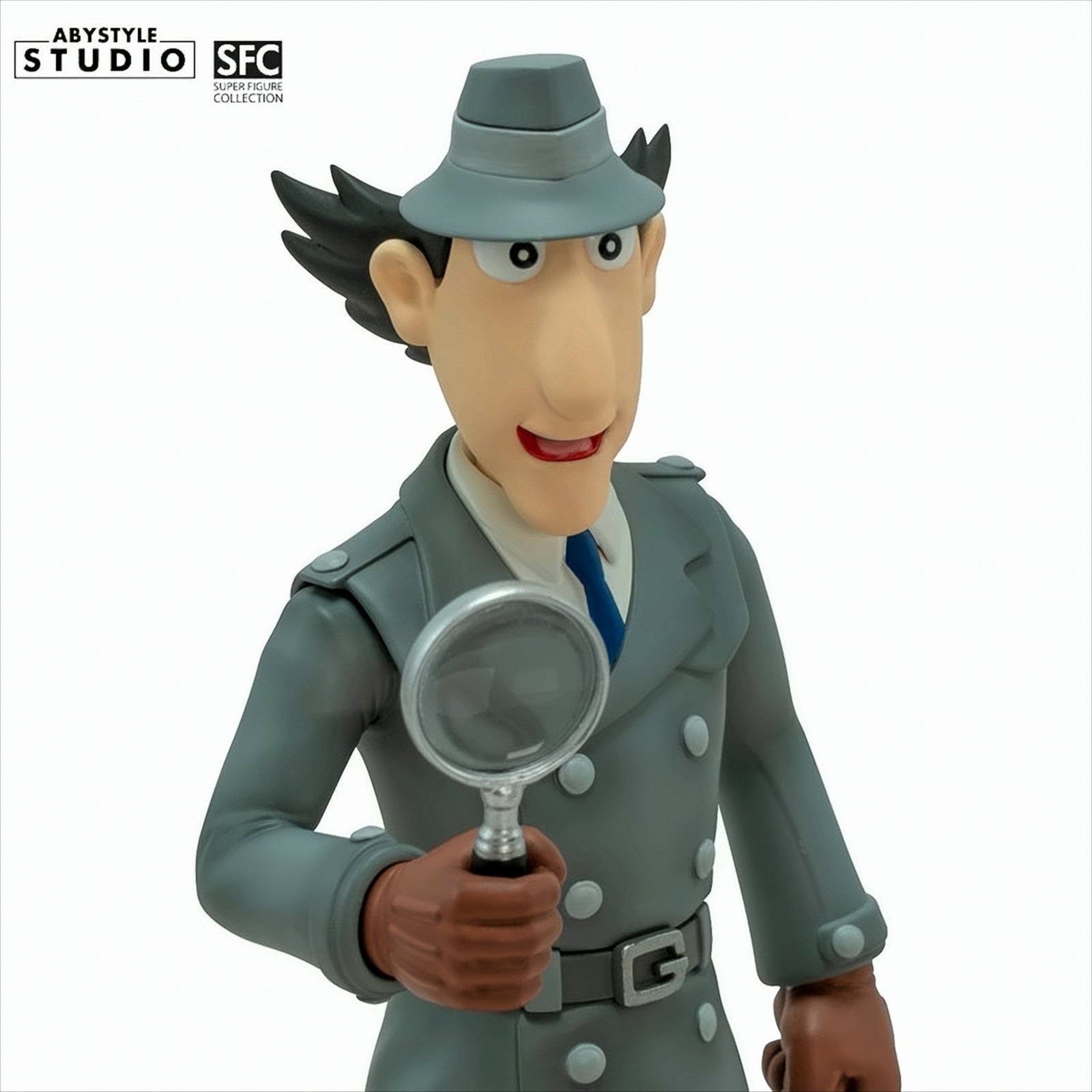 Animierte Figur von Inspector Gadget mit Lupe, grauer Mantel und Hut.
