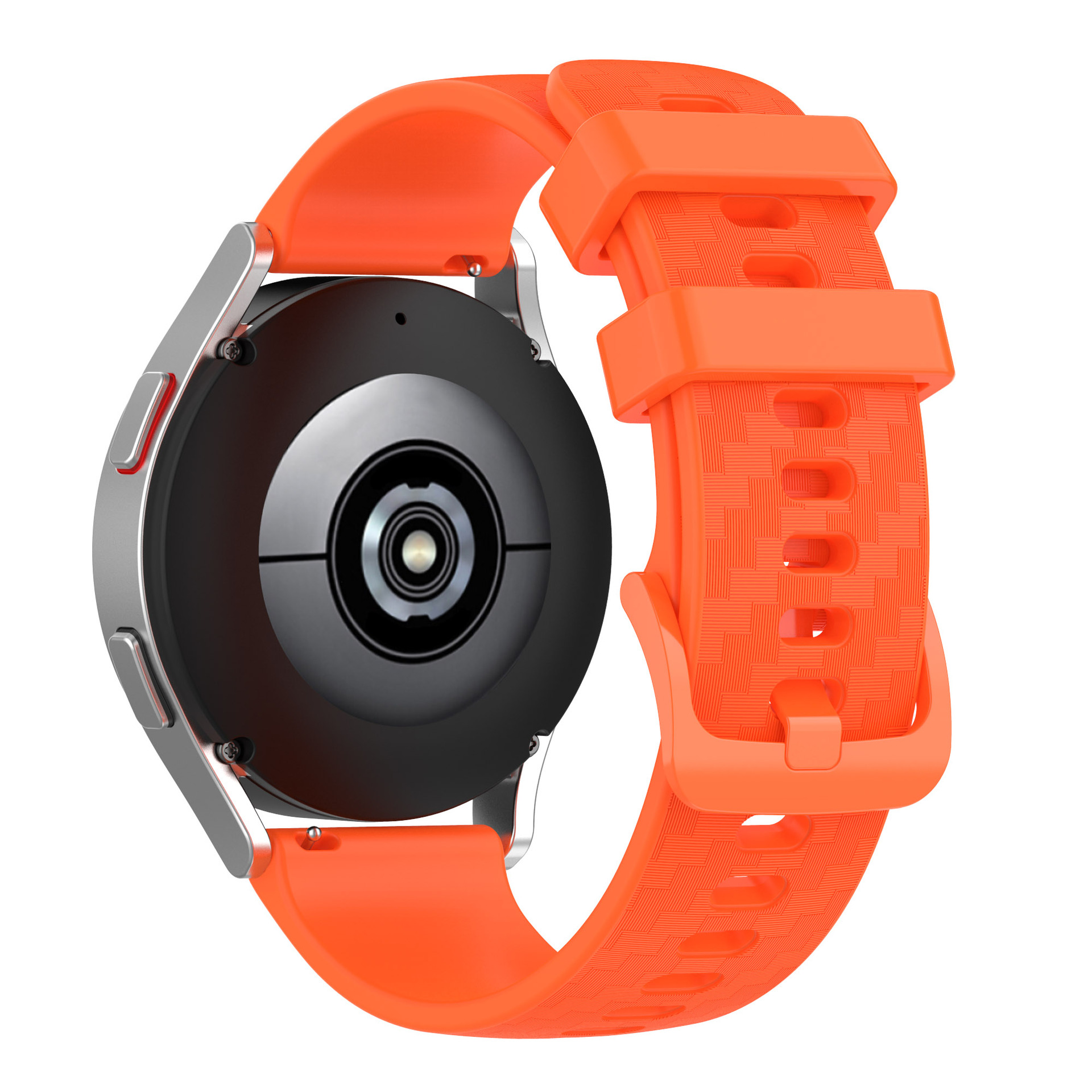 Smartwatch argentato con cinturino arancione. Il cinturino è strutturato e il retro dell'orologio è visibile.
