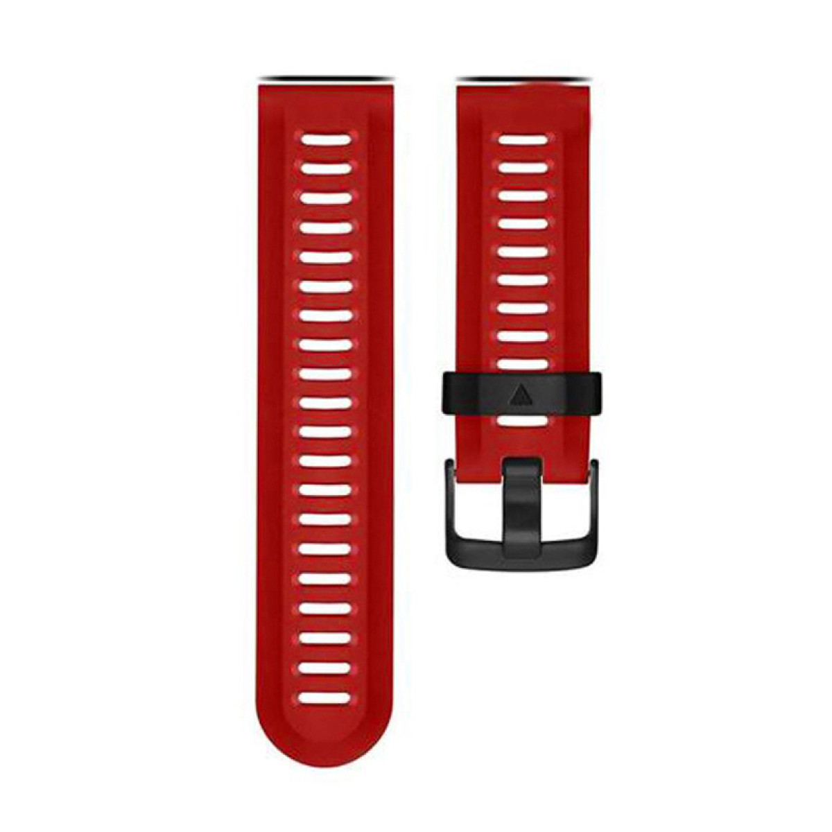Zwei rote Uhrenarmbänder mit schwarzen Verschlüssen. Ein Armband ist verbunden. Der Hintergrund ist weiß.
