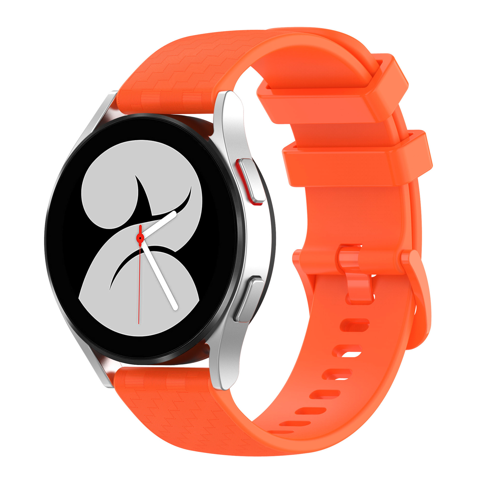 Un primo piano di uno smartwatch argentato con cinturino arancione. Il quadrante mostra un design moderno.