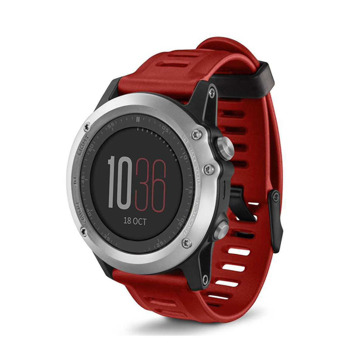 Rote Garmin-Uhr mit schwarzen Akzenten. Zeigt Zeit und Datum an, mit Tasten.