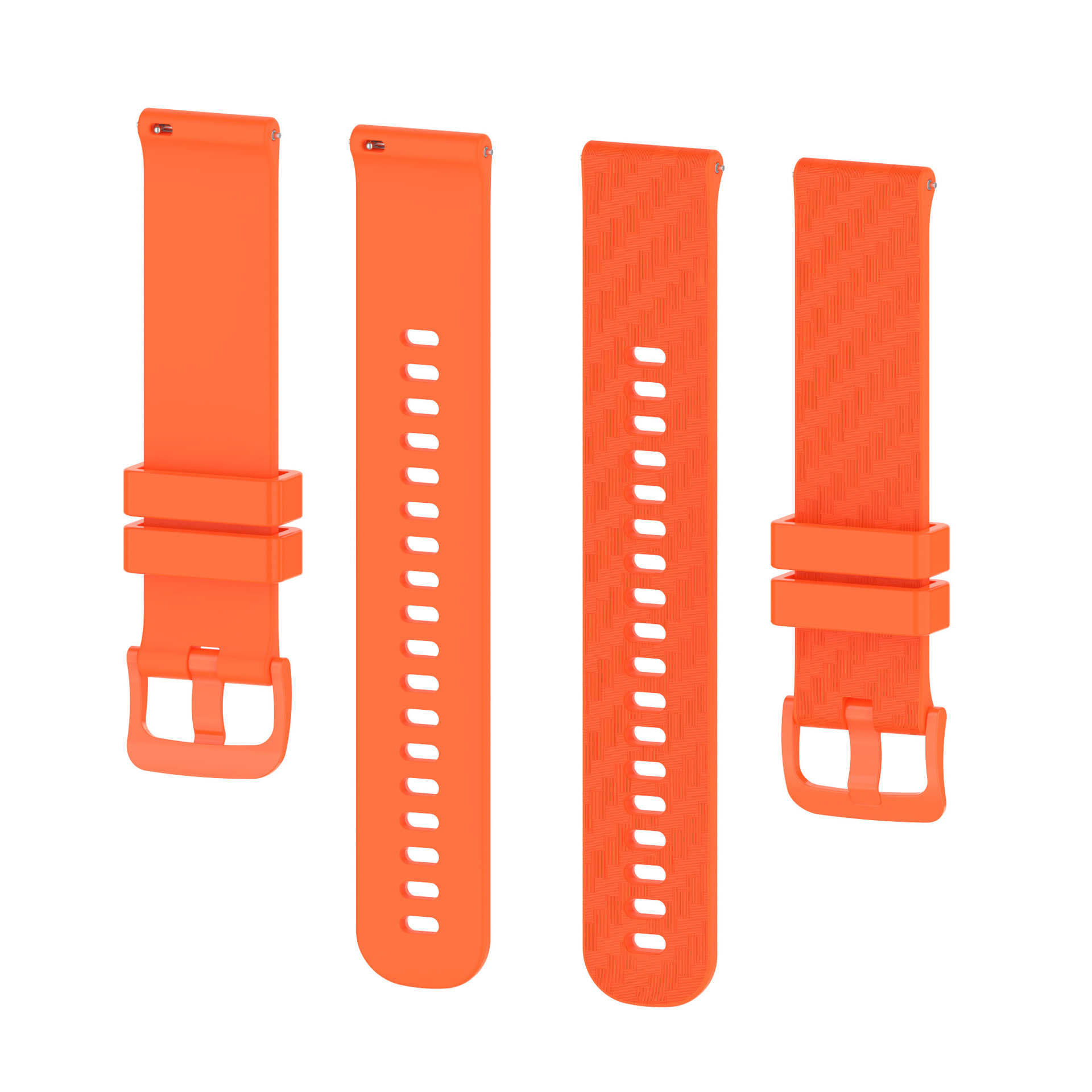 Quattro cinturini arancioni. Due con fori, due con fibbie. Tutti in silicone.