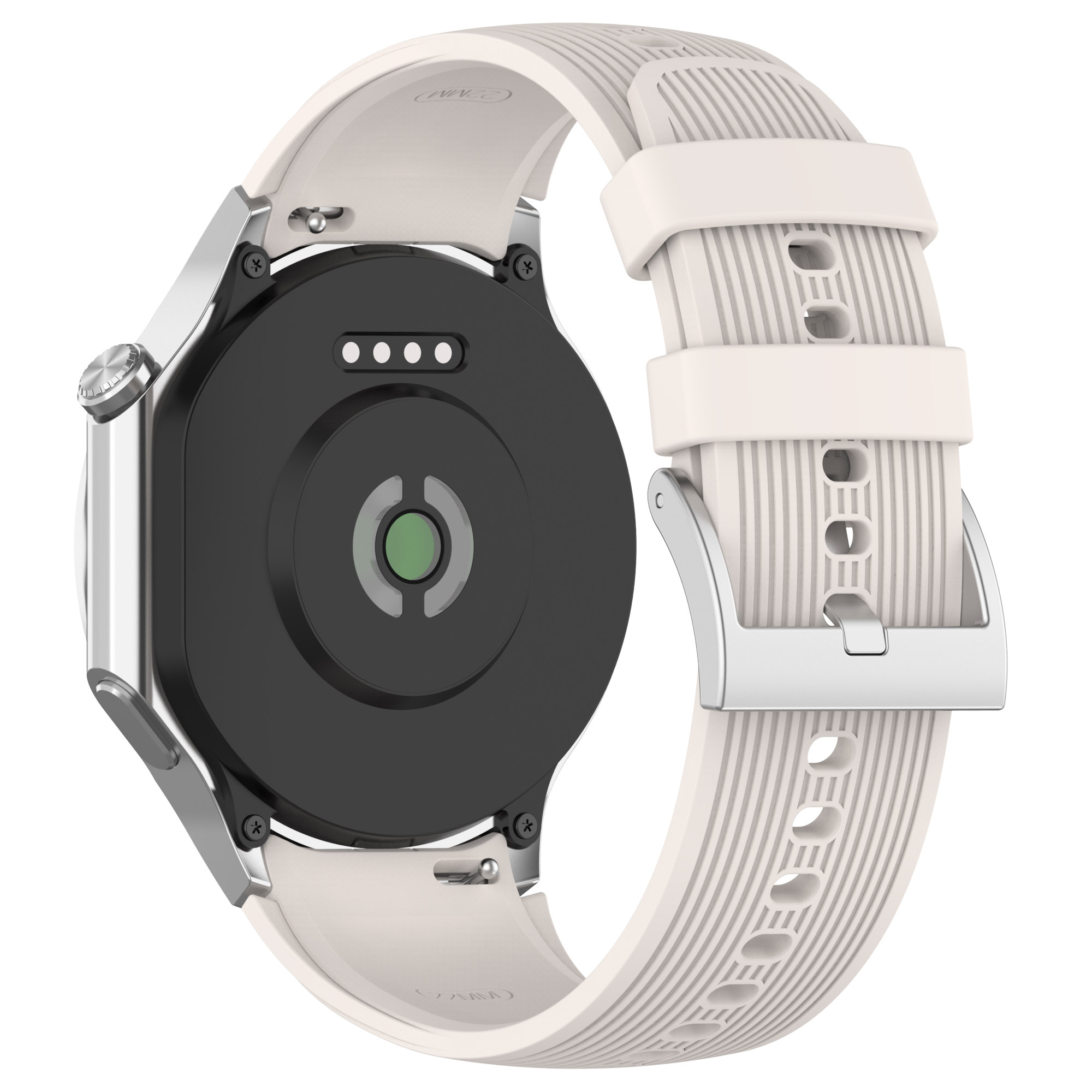 Vista posteriore di uno smartwatch con cinturino bianco, che mostra il retro e i dettagli.