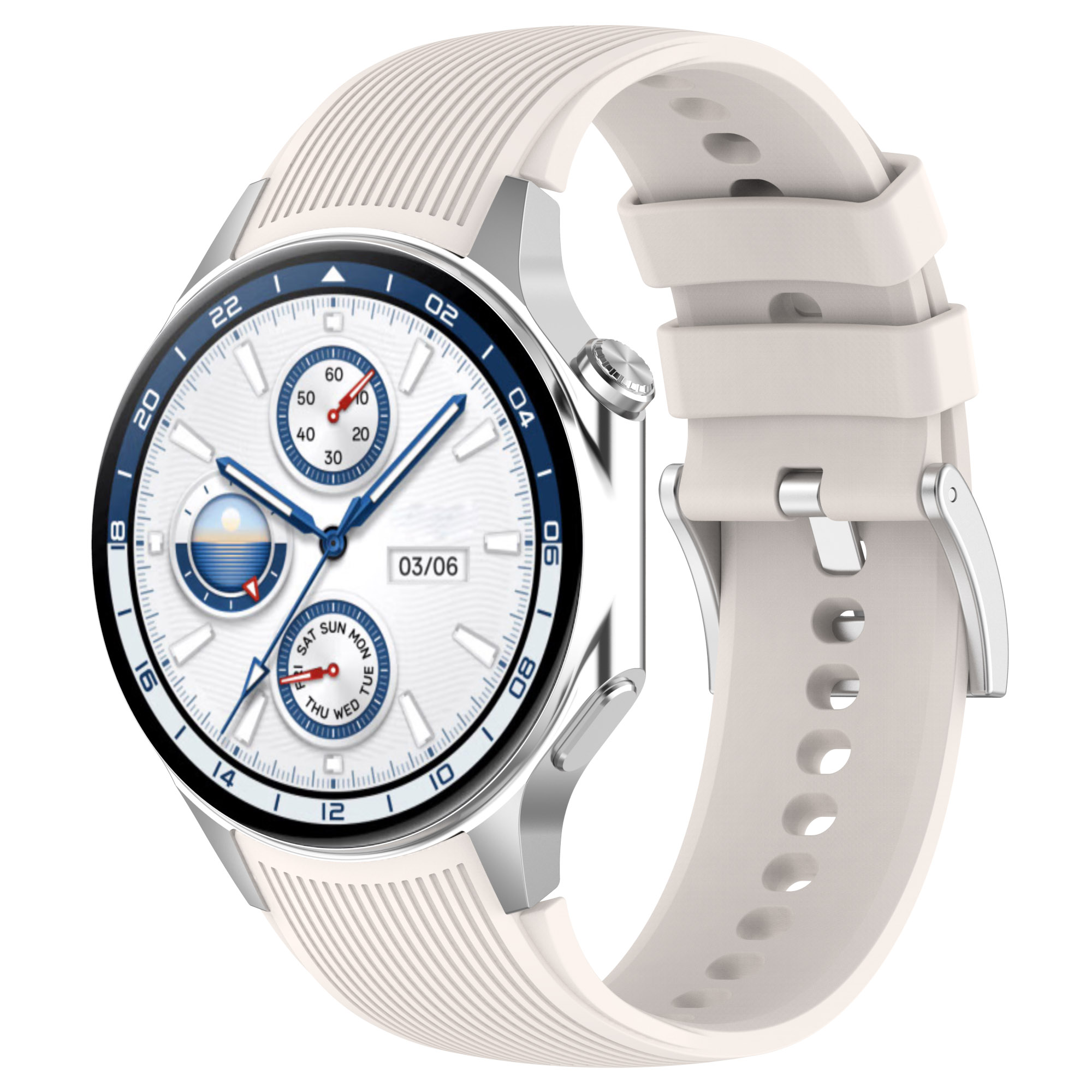 Uno smartwatch color crema con quadrante bianco e dettagli argentati.
