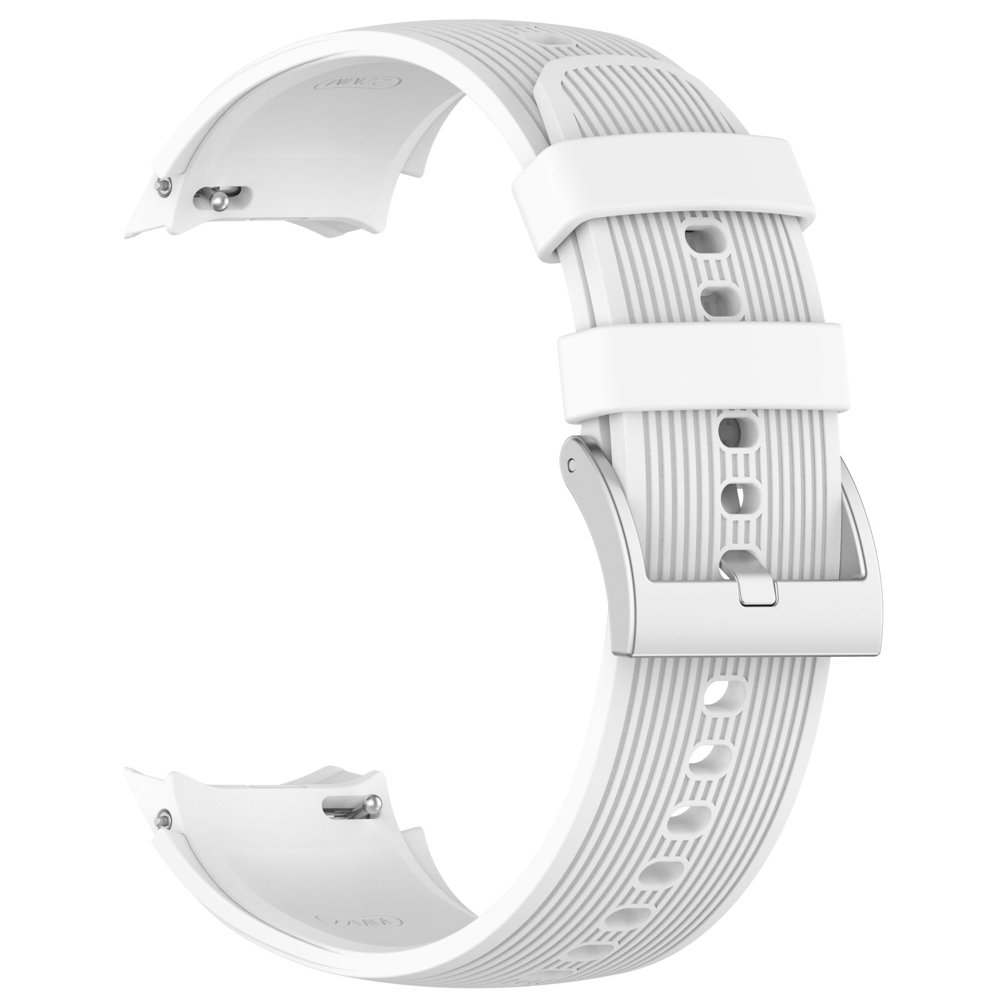 Weißes Uhrenarmband mit silberner Schnalle. Weißer Hintergrund.