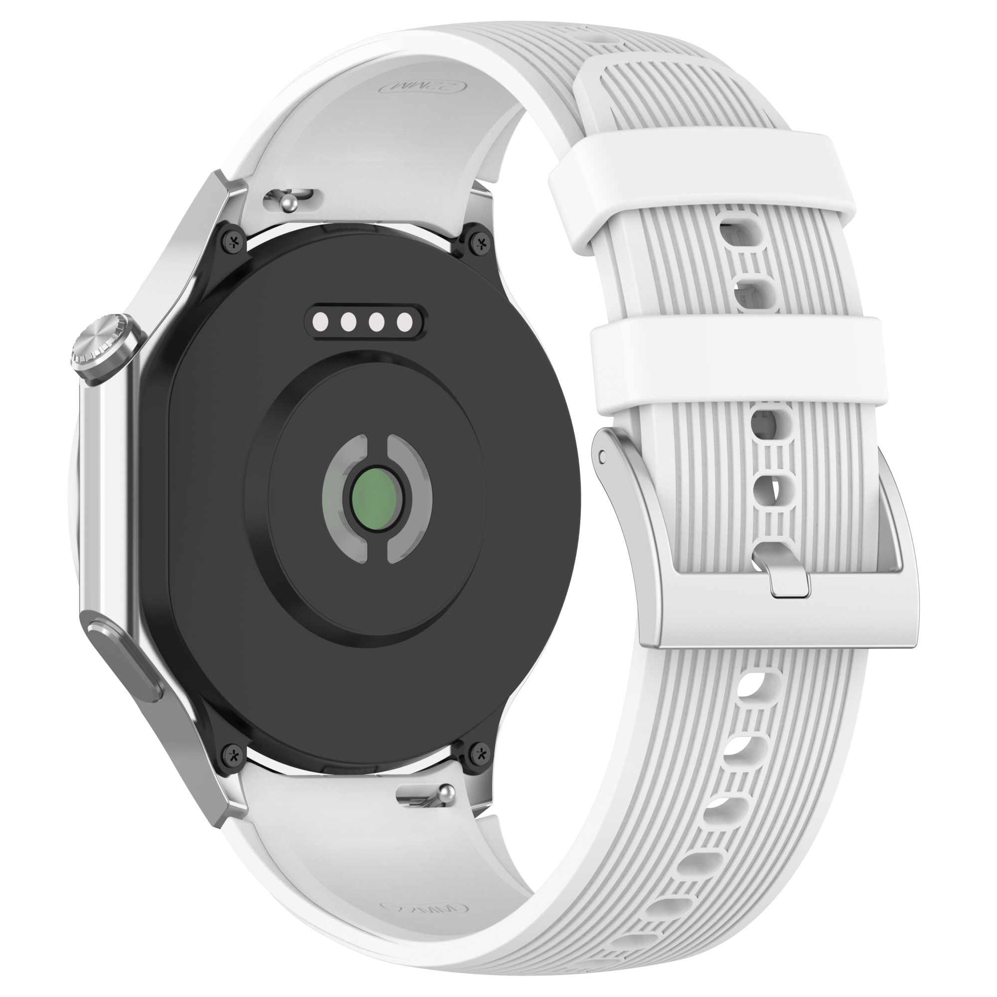 Weiße Smartwatch mit weißem Armband. Rückseite zeigt Sensoren und die Schnalle des Armbands.