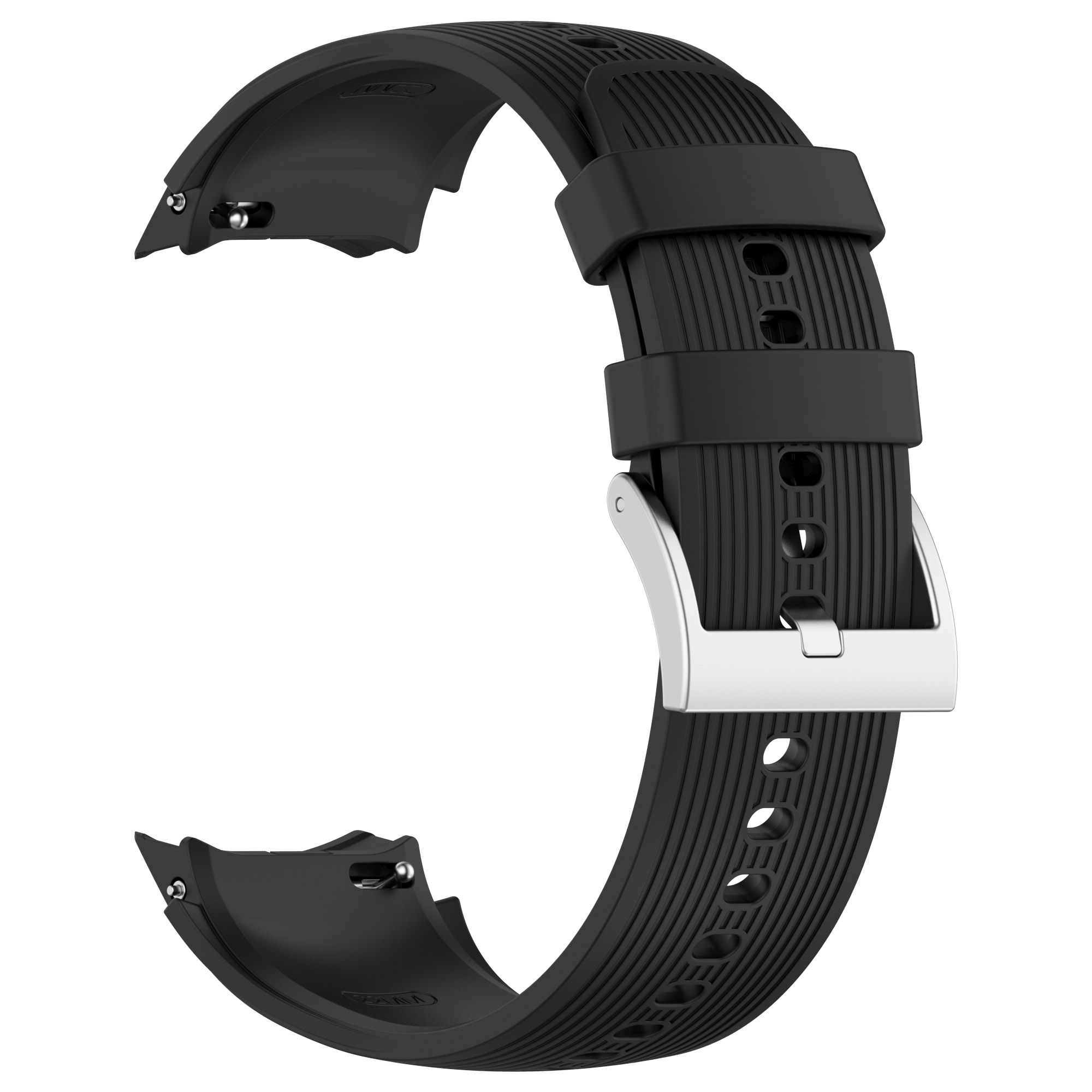 Schwarzes Uhrenarmband mit silberner Schnalle. Es besteht aus geripptem schwarzem Material.