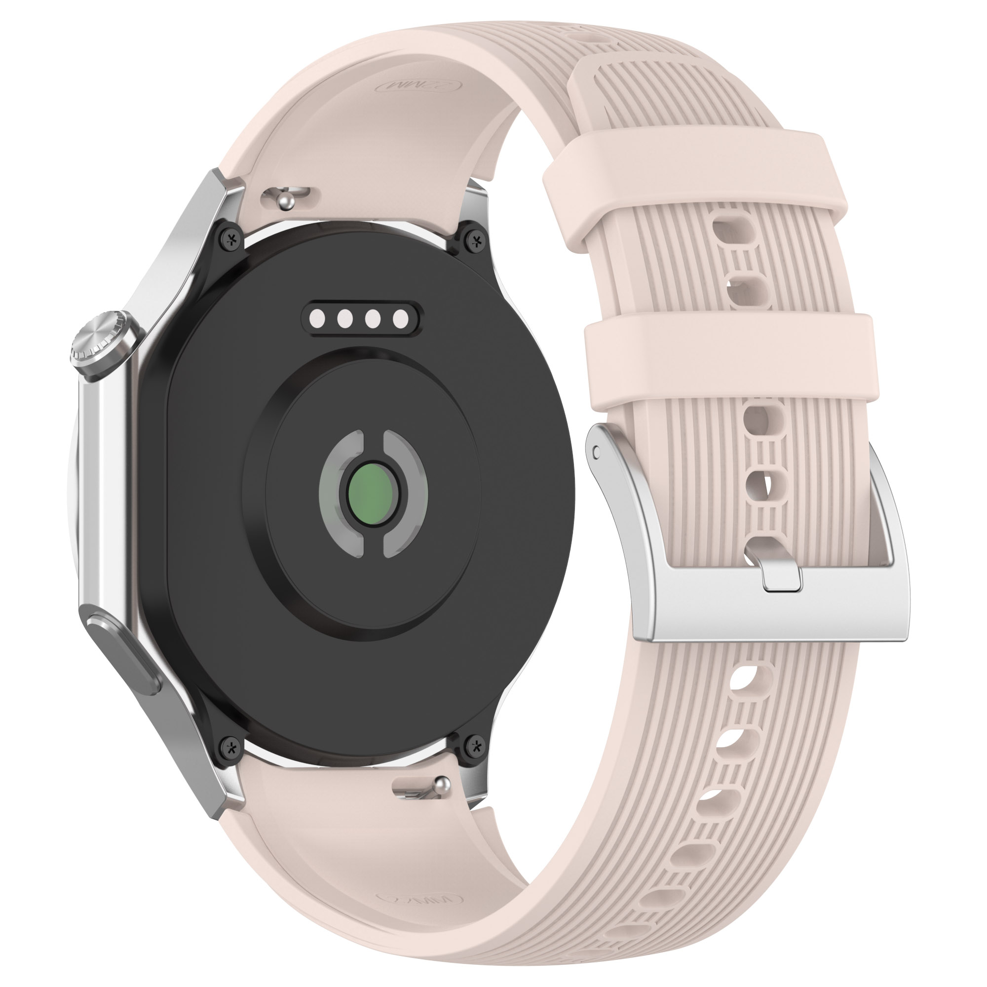 Vista posteriore dello smartwatch, cinturino rosa chiaro. Ha un sensore nero e una cornice color argento.