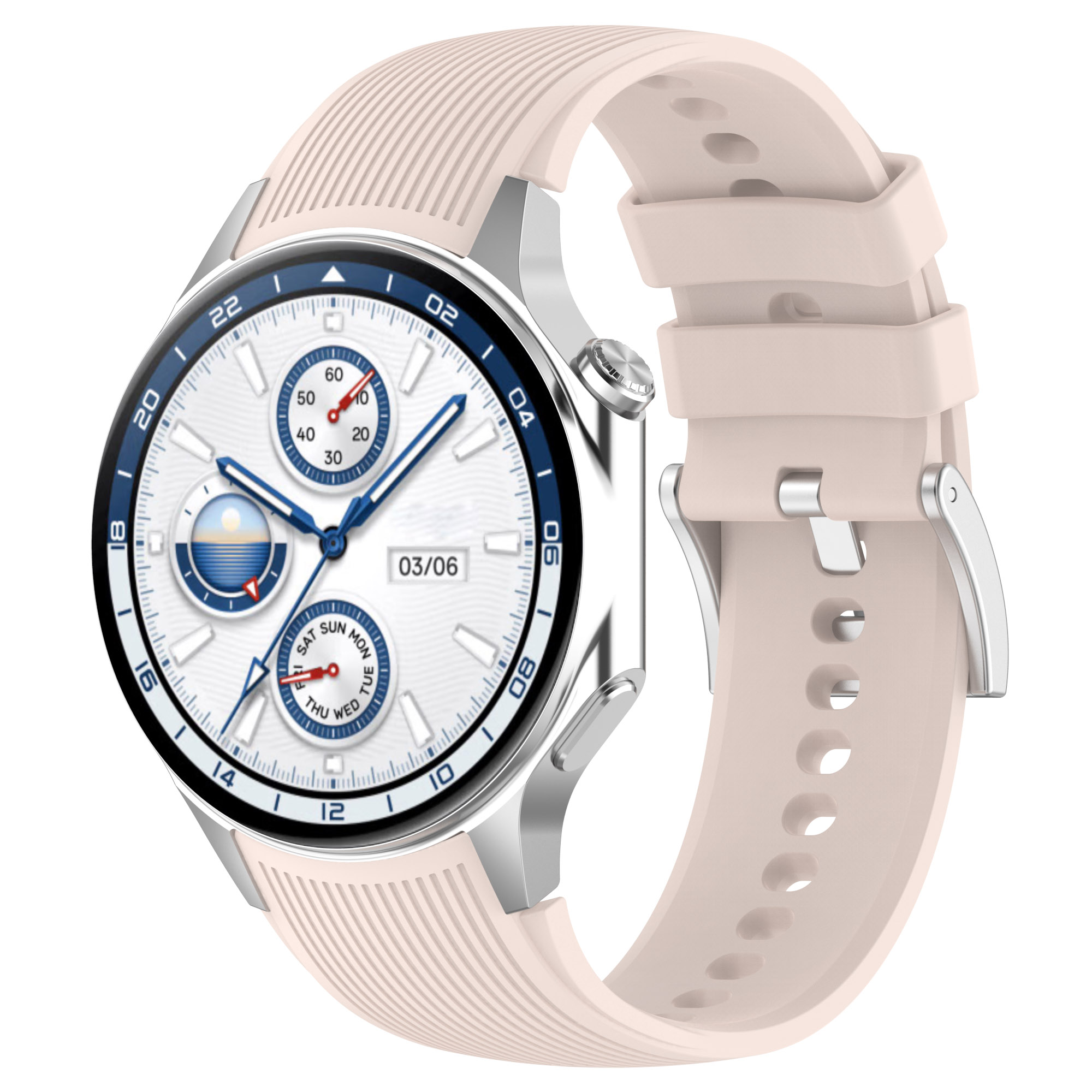 Uno smartwatch argento e rosa con quadrante bianco. Il cinturino è rosa e l'orologio è su sfondo bianco.