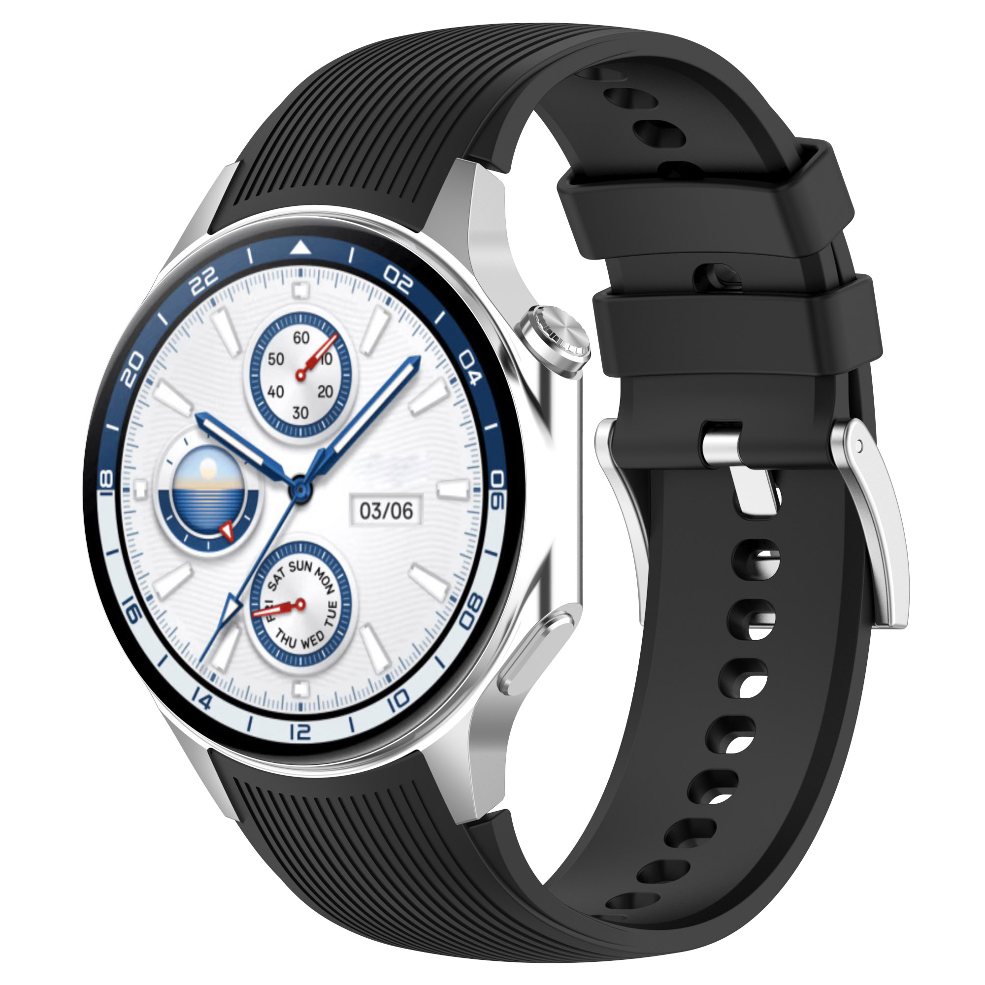 Silberne Smartwatch mit schwarzem Armband, weißem Zifferblatt, blauen Akzenten.