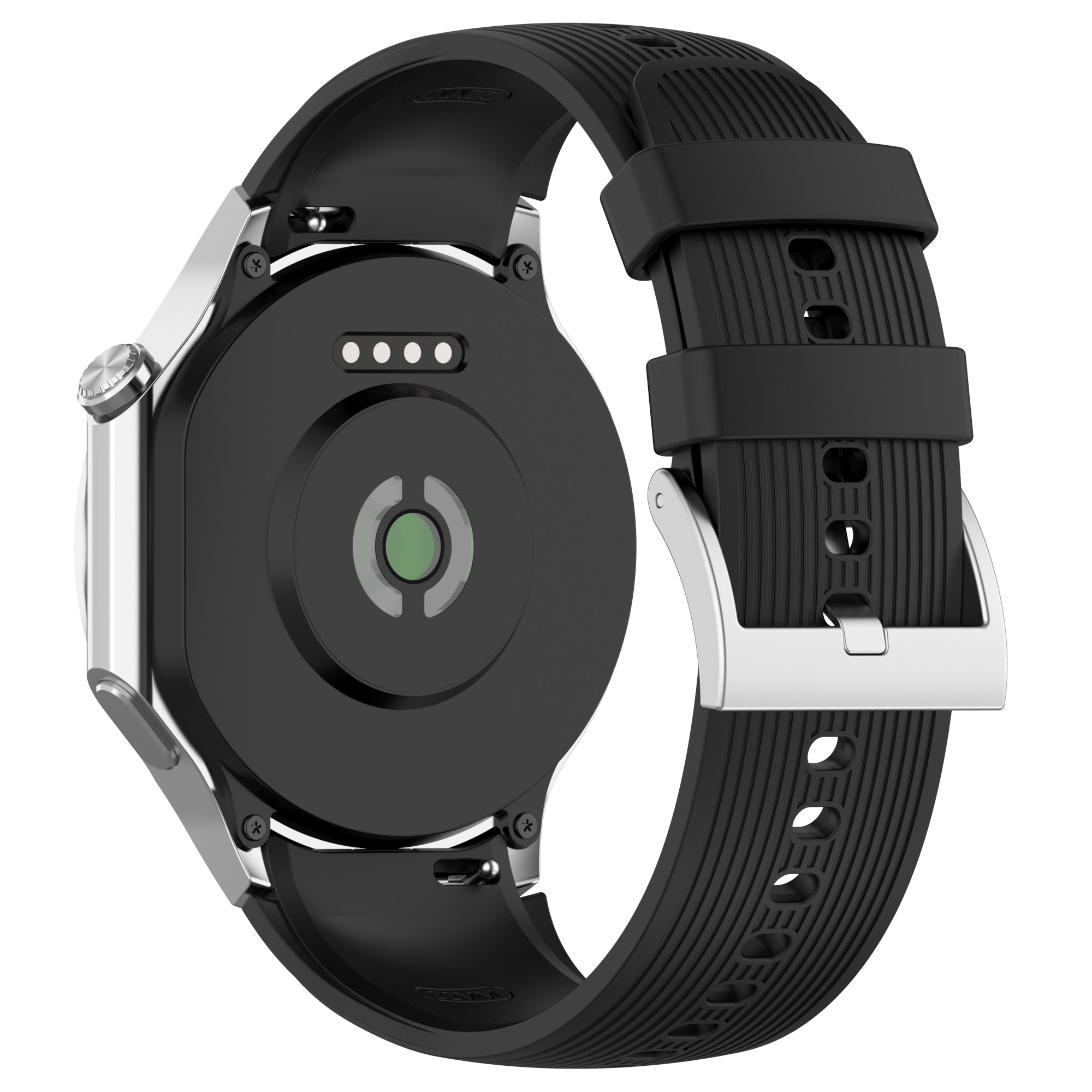 Ein schwarzer Smartwatch-Rücken mit schwarzem Armband. Die Uhr hat einen grünen Lichtsensor und Metallbesatz.