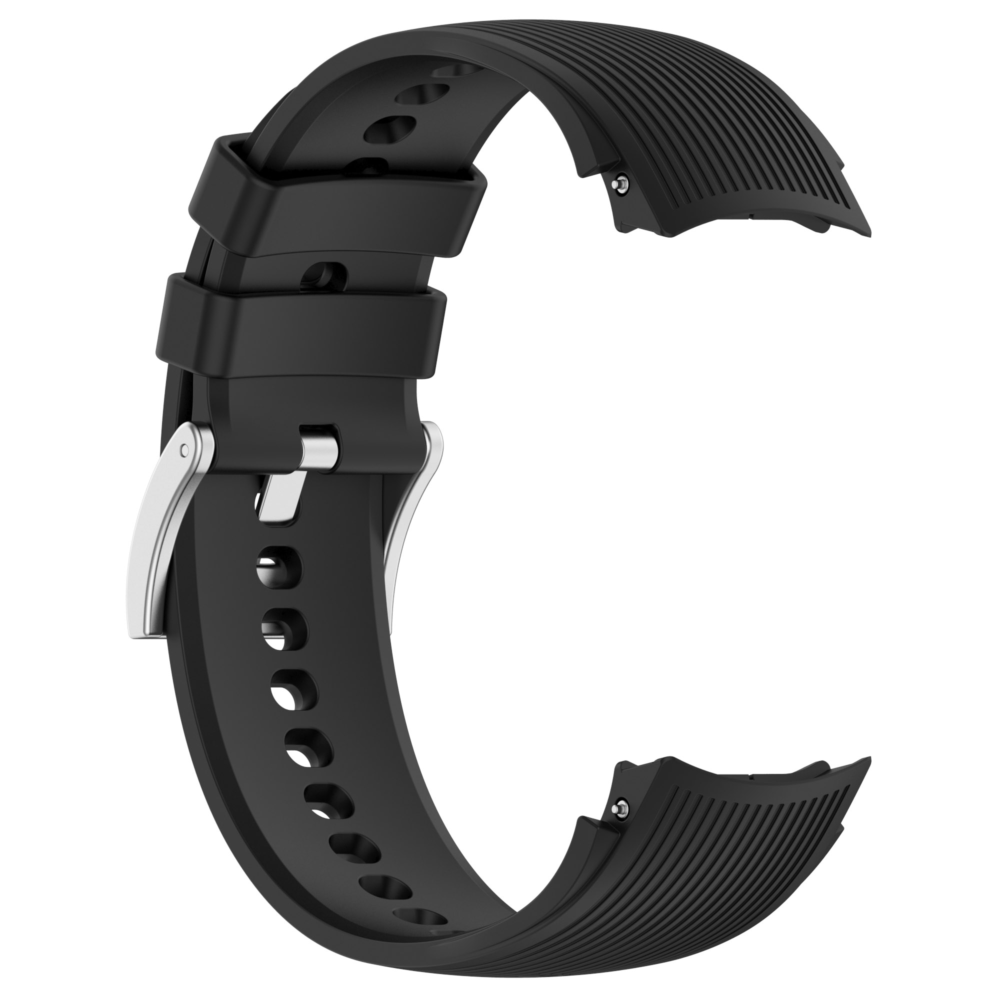 Schwarzes Silikon-Armband mit silberner Schnalle. Strukturierte Oberfläche mit Löchern.