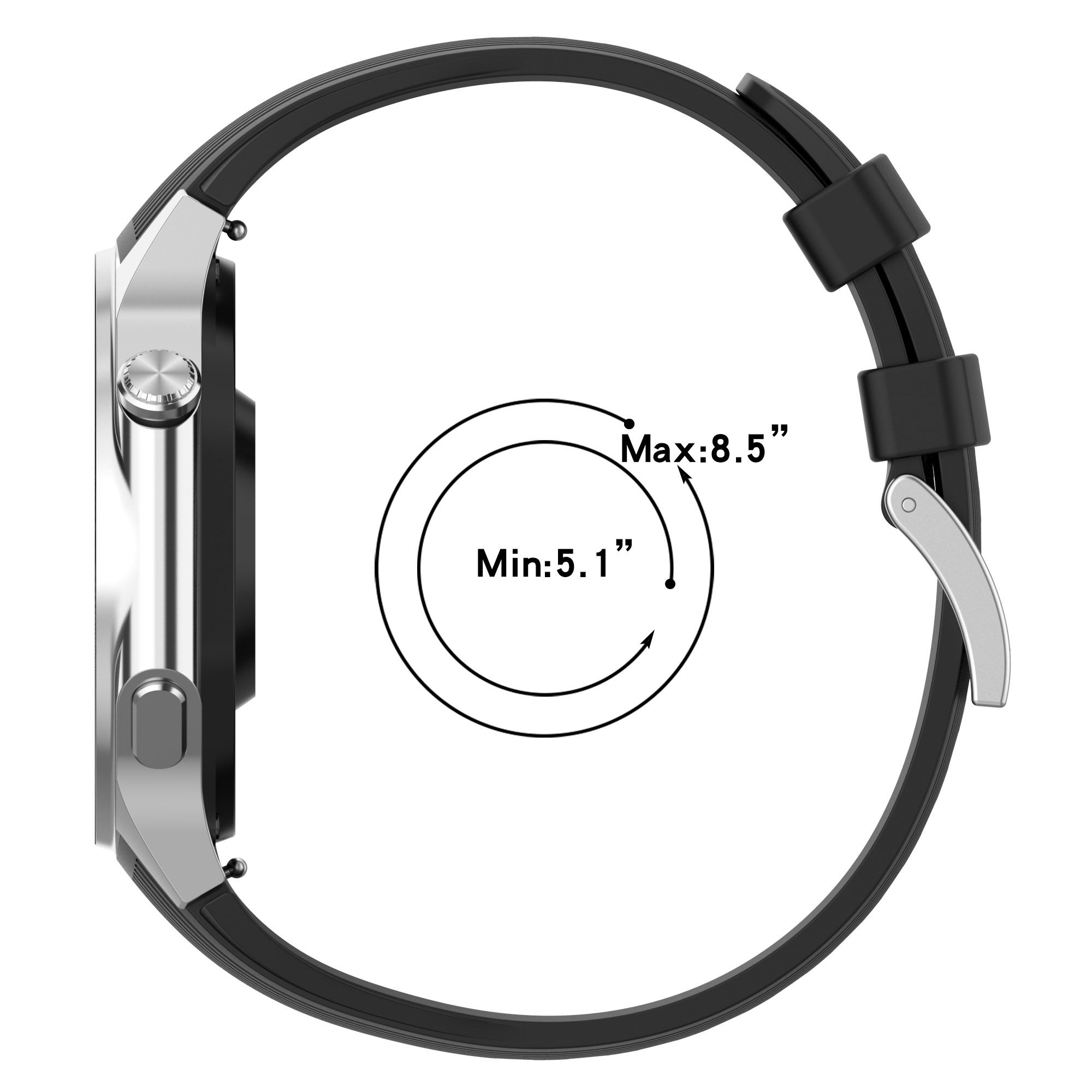 Schwarze Smartwatch auf weißem Hintergrund. Maße des Uhrenumfangs werden gezeigt.