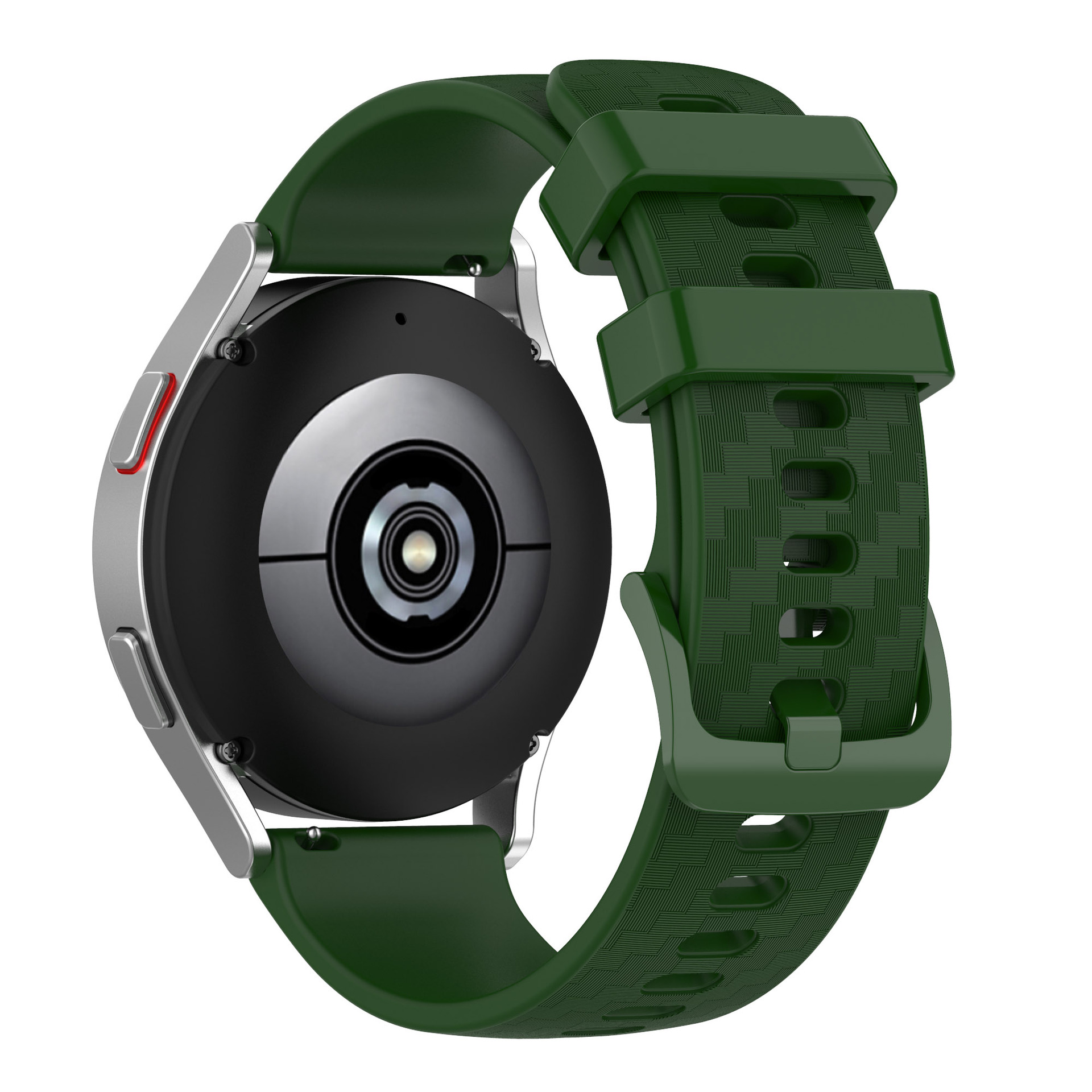 Grüne Smartwatch mit silberner Lünette und grünem Armband. Die Rückseite zeigt die Sensoren. Weißer Hintergrund.