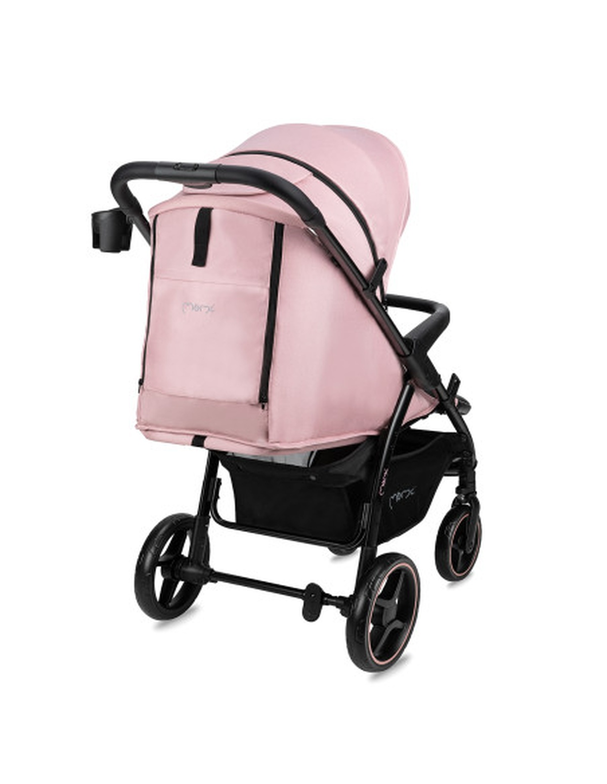 Rosa Baby-Kinderwagen. Verfügt über ein Verdeck, eine Aufbewahrungstasche und schwarze Räder.