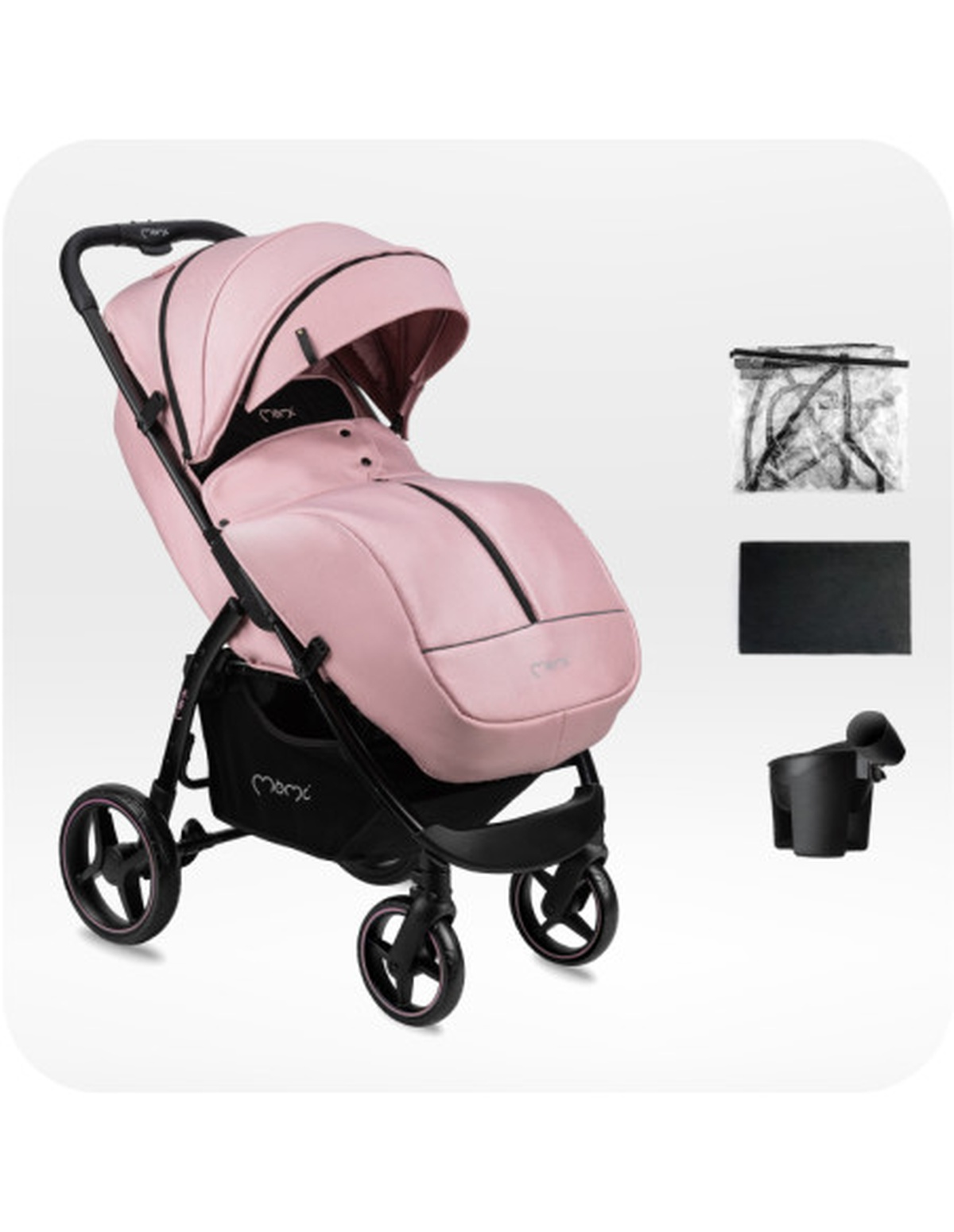 Rosa Baby-Kinderwagen mit schwarzem Rahmen, einschließlich Zubehör, auf weißem Hintergrund.