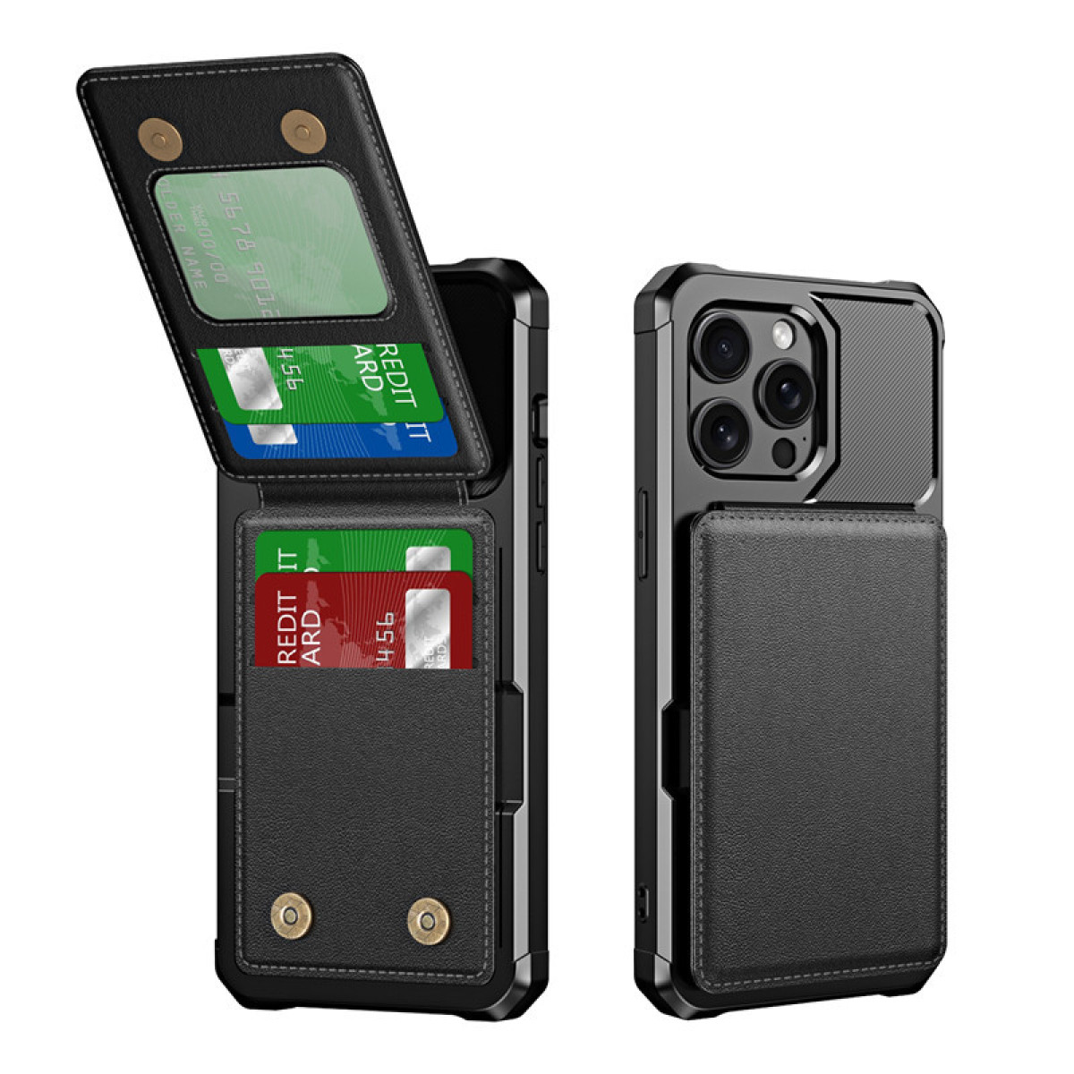Custodia nera per telefono con slot per carte, con carte di credito, aperta e chiusa.