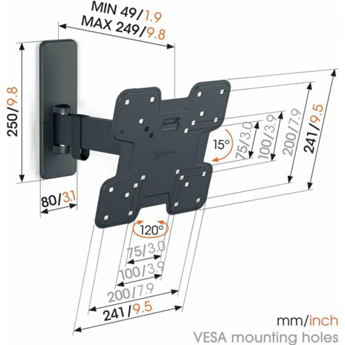 Diagramm einer schwarzen TV-Halterung mit Abmessungen und Winkeln in mm/Zoll, mit VESA-Befestigungslöchern.