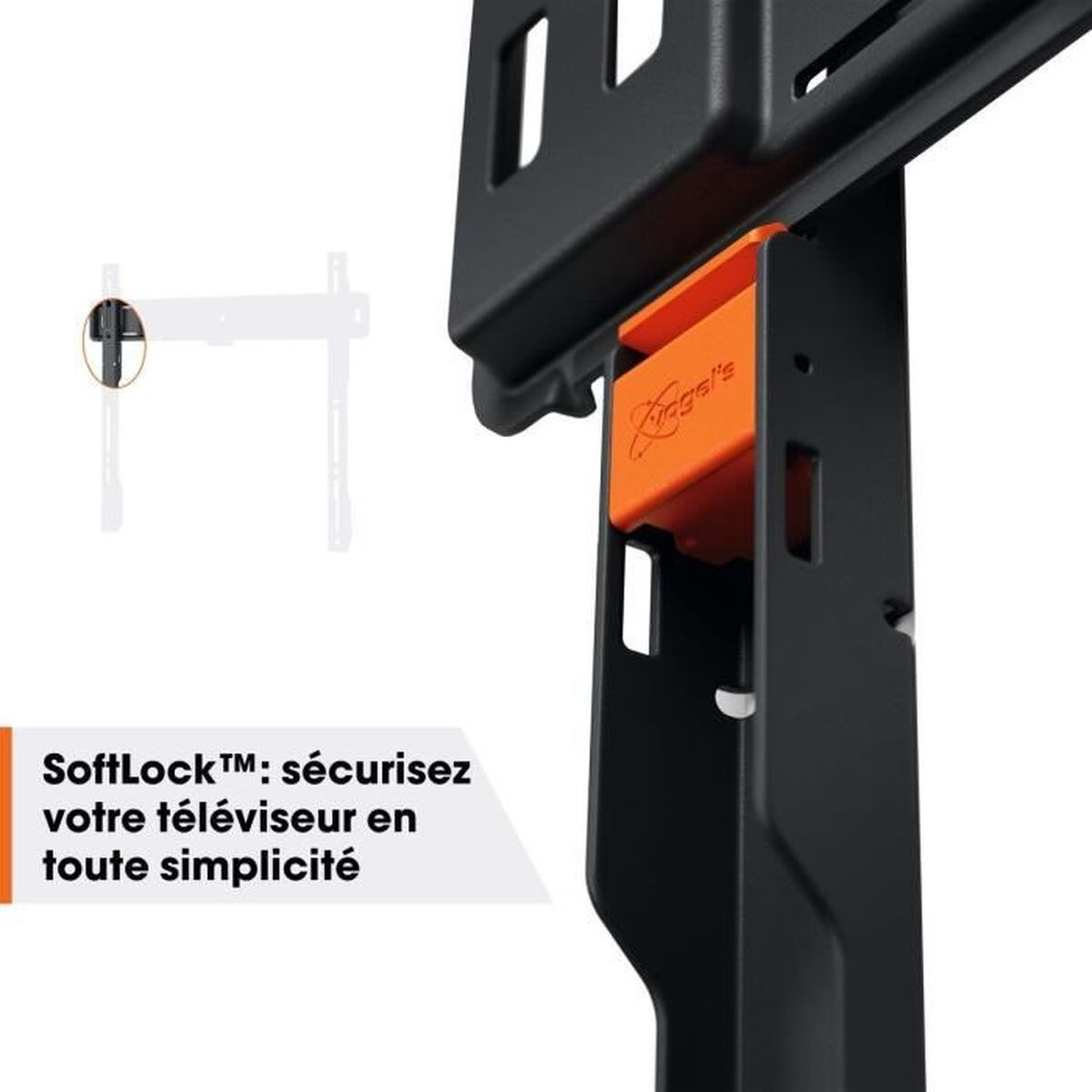 Schwarze und orangefarbene TV-Halterung mit Text: SoftLock TM: Sichern Sie Ihren Fernseher mit Leichtigkeit.