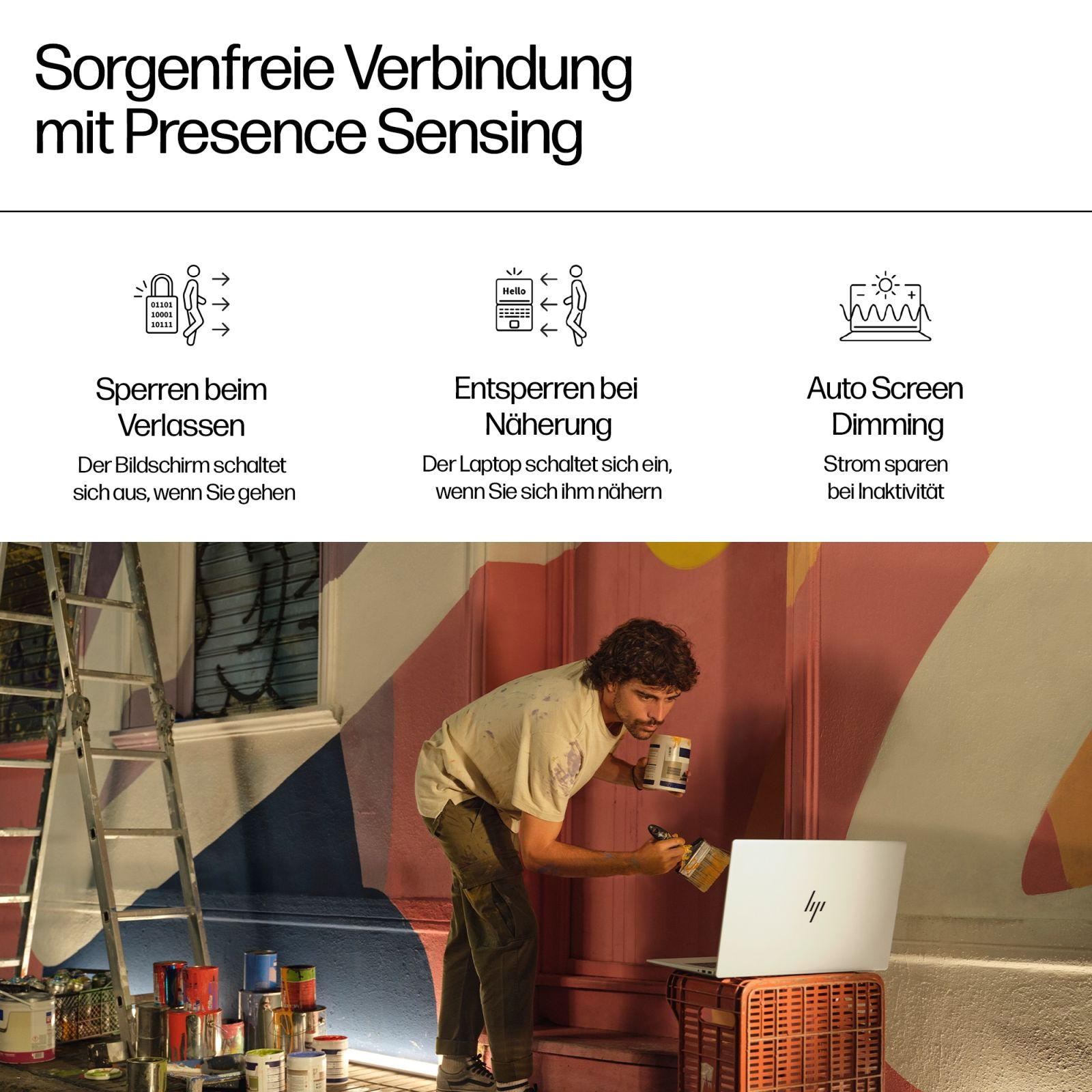 Mężczyzna maluje ścianę z laptopem i tekst o funkcjach ekranu.