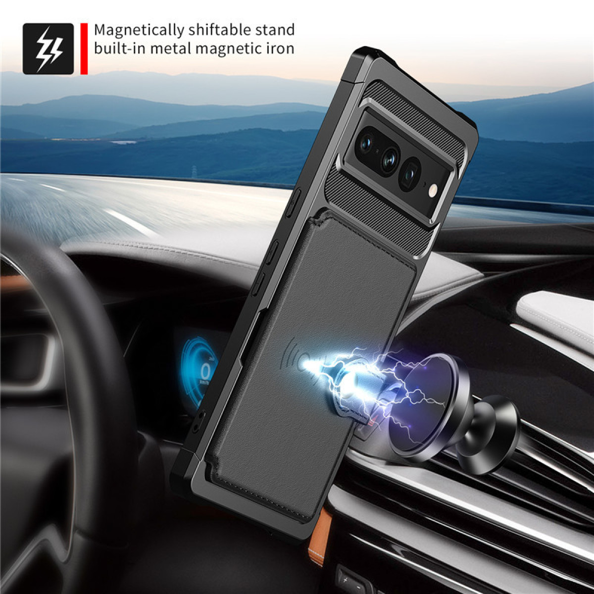 Custodia del telefono attaccata a un supporto per auto. Un telefono è tenuto da una forza magnetica.