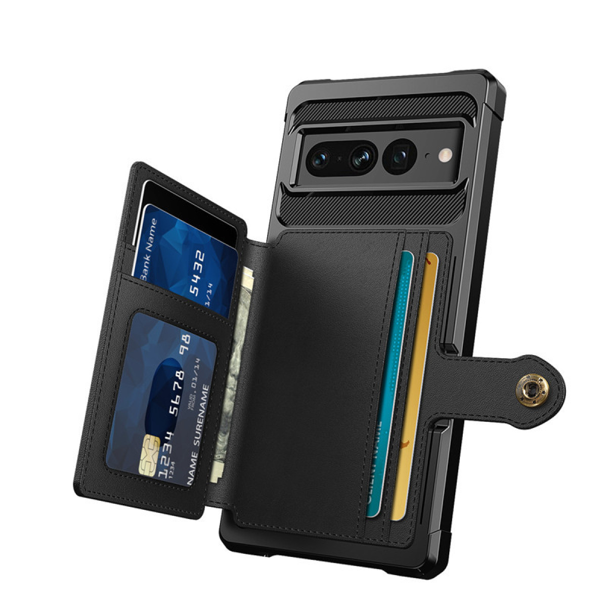 Una custodia per telefono nera con fessure per carte che contengono carte. La custodia è attaccata a un telefono nero.