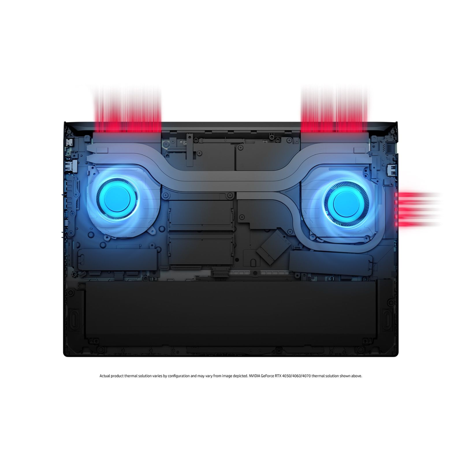 Wnętrze laptopa z dwoma niebieskimi wentylatorami i czerwonymi strumieniami powietrza. Widoczne są wewnętrzne komponenty laptopa.