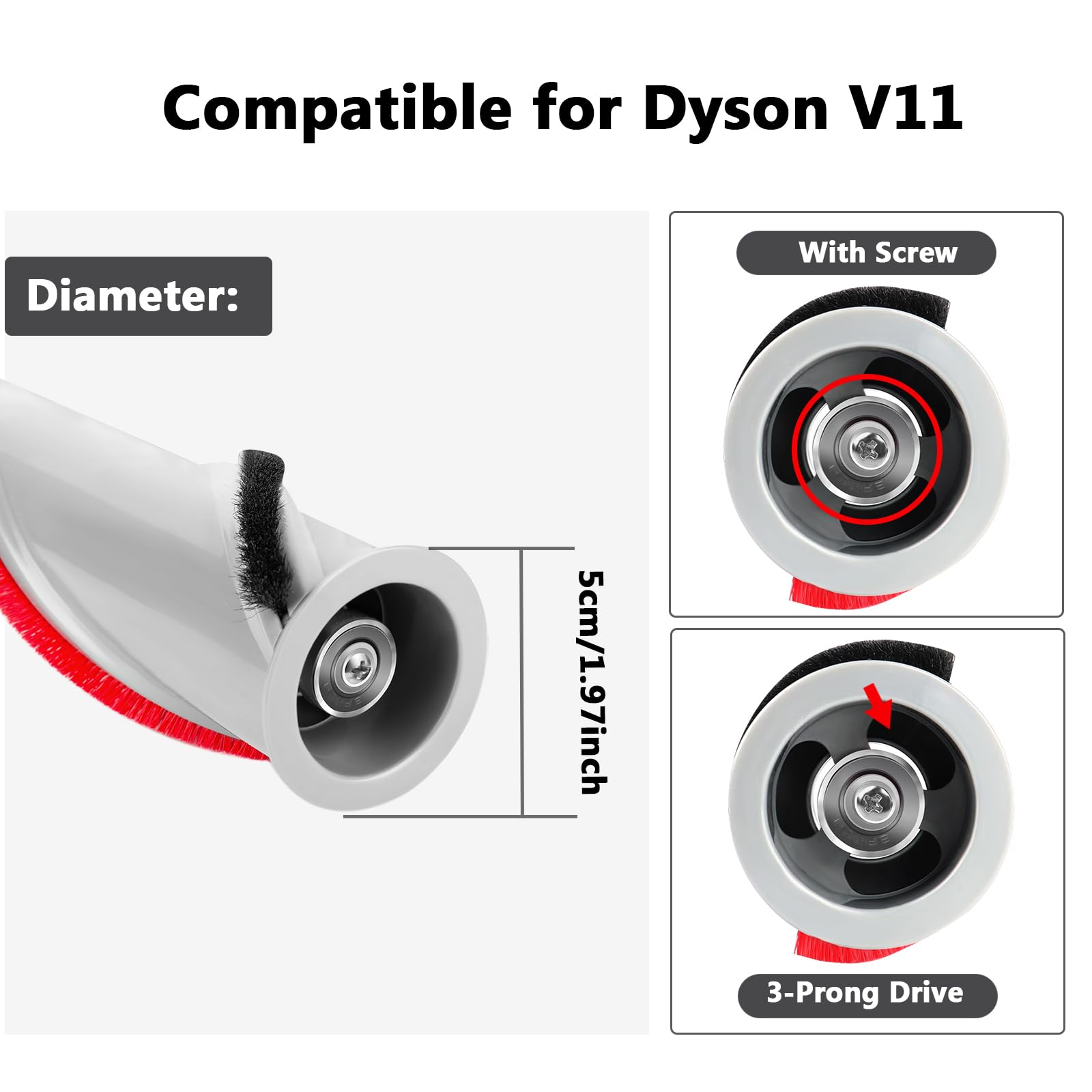 Dyson V11 Staubsaugerteile. Durchmesser und Schraubendetails. Text: Kompatibel für Dyson V11.