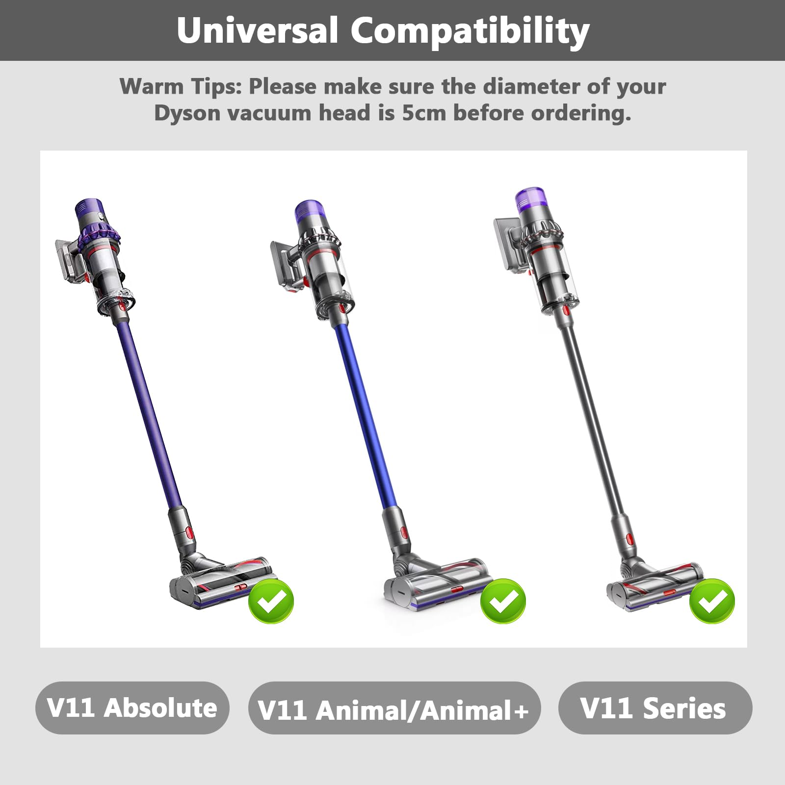Drei Dyson-Staubsauger in verschiedenen Farben mit grünen Häkchen, bezeichnet als V11 Absolute, Animal+ und Series.