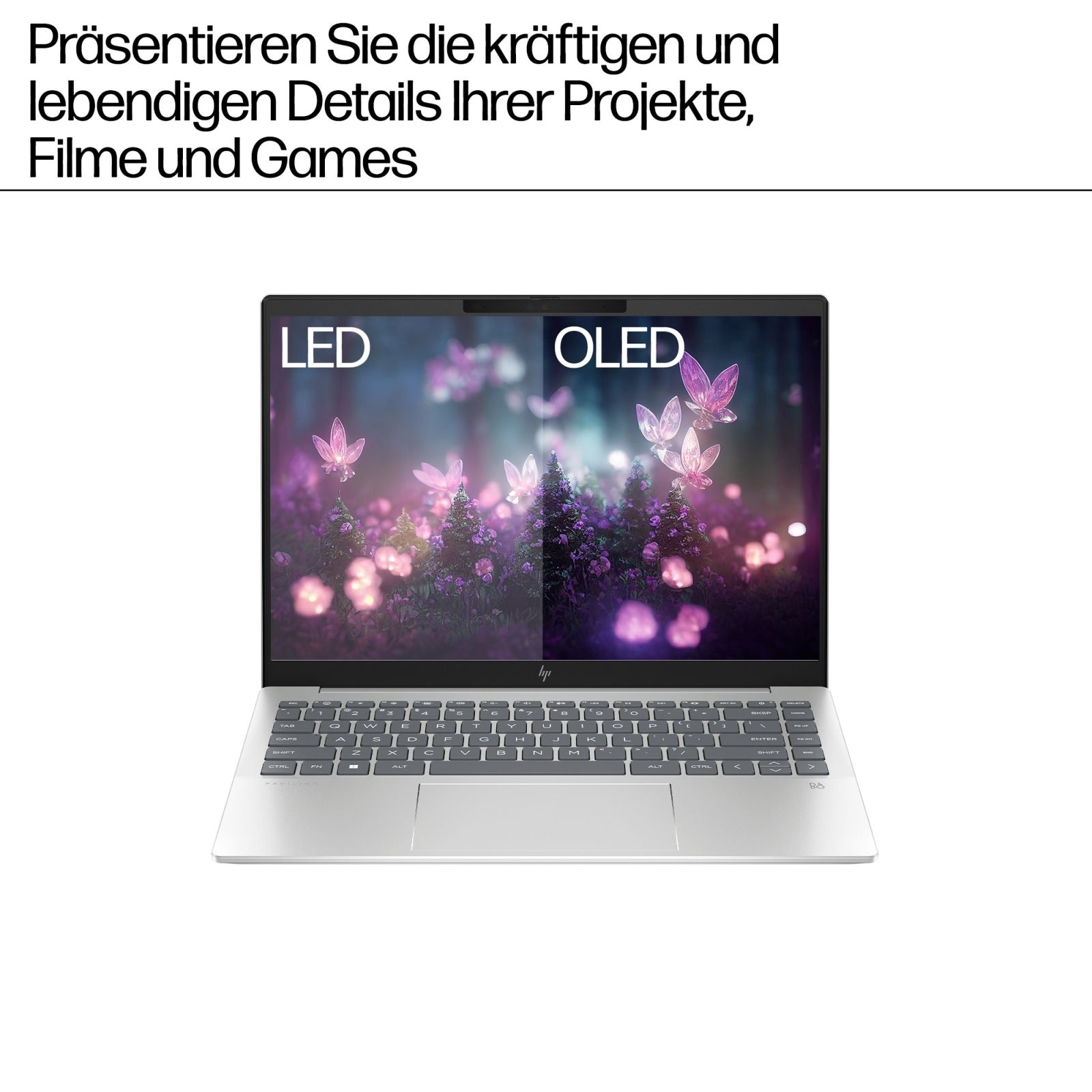 Srebrny laptop z otwartym ekranem, wyświetlający podzielony obraz wyświetlacza LED i OLED.