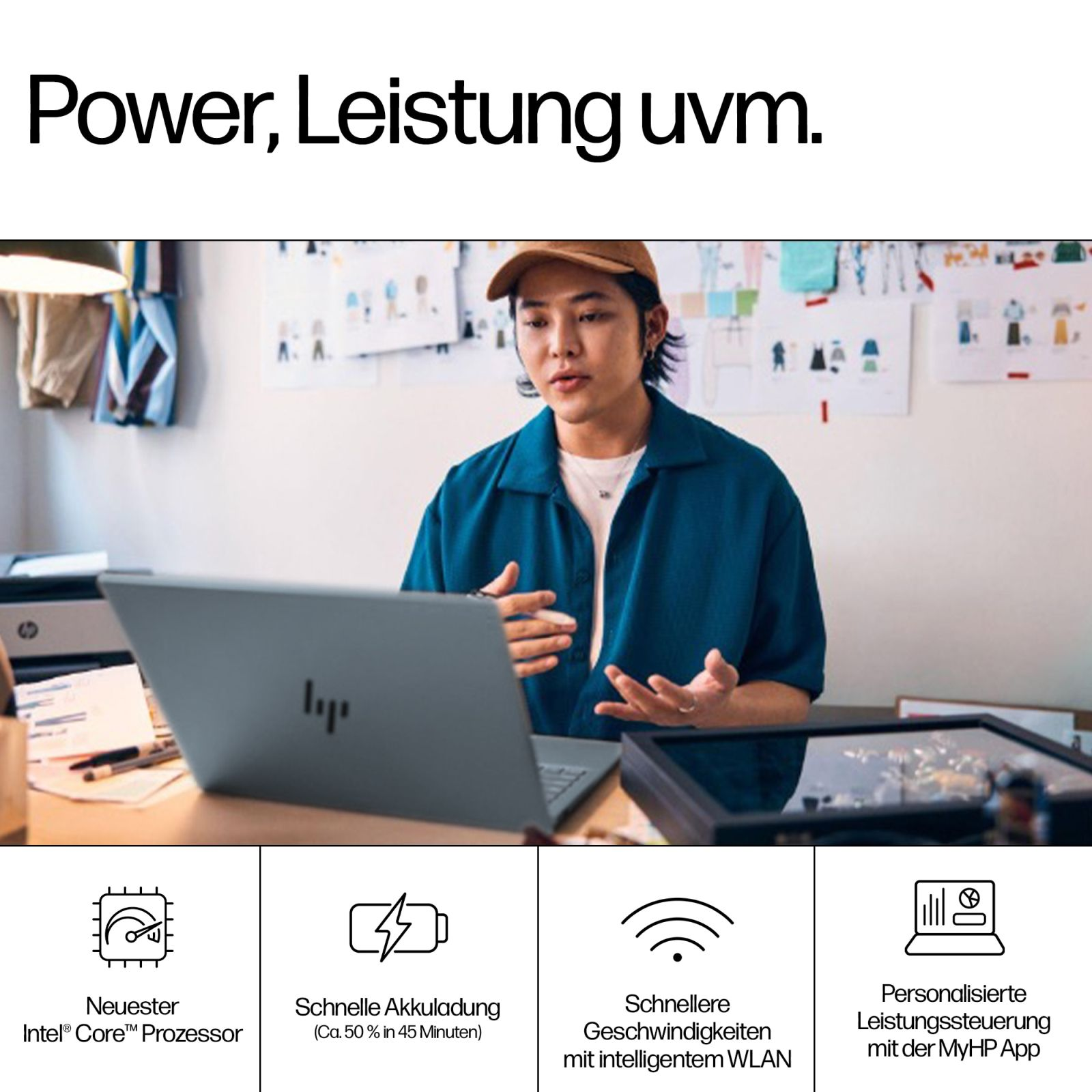 Mężczyzna używający laptopa, z ikonami reprezentującymi procesor, baterię, Wi-Fi i kontrolę wydajności.