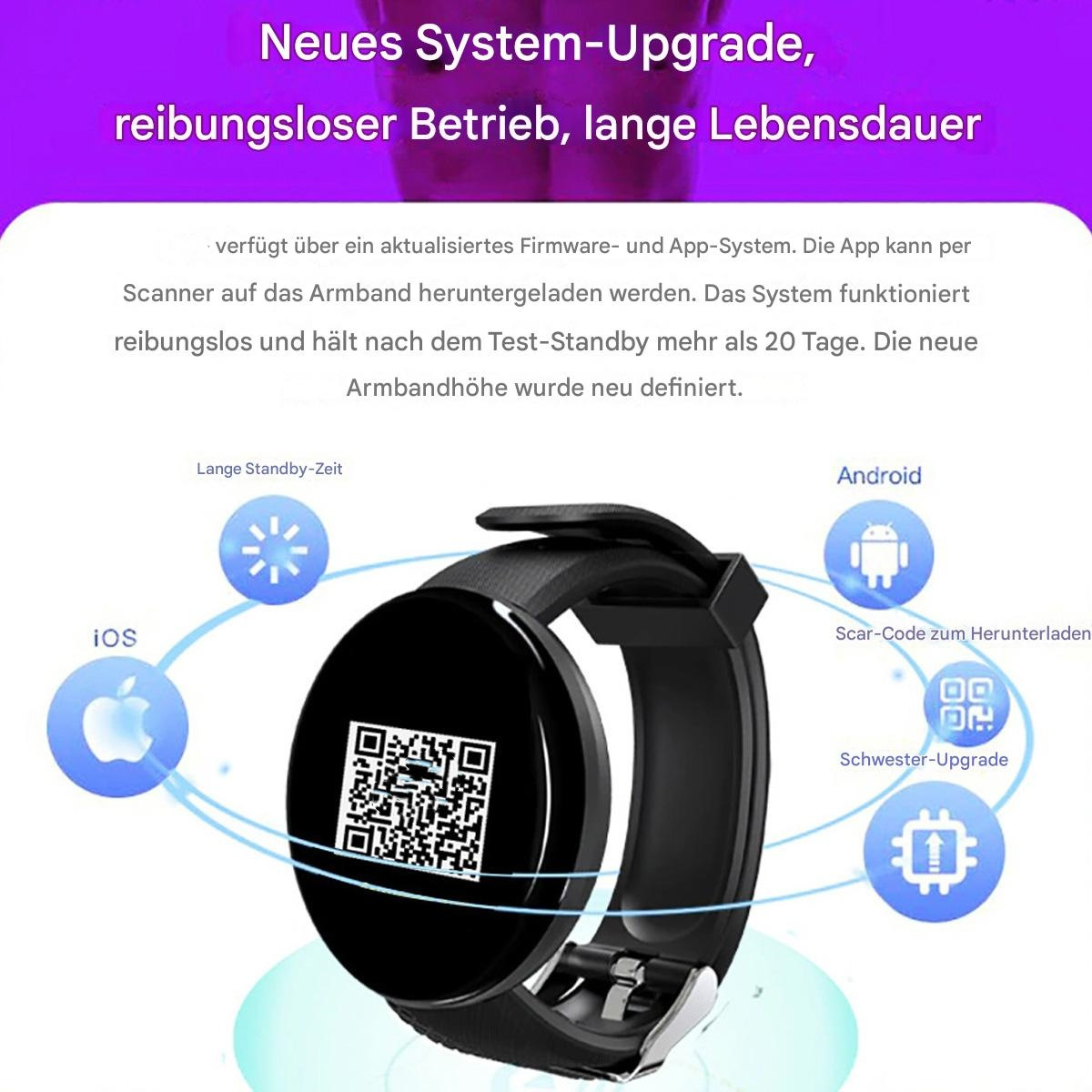 Schwarze Smartwatch mit QR-Code auf dem Bildschirm. App-Symbole. Informationen auf dem Bildschirm.