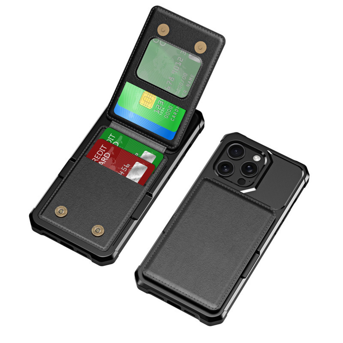 Custodia nera per telefono con slot per carte. Aperta che mostra le carte e chiusa il telefono.