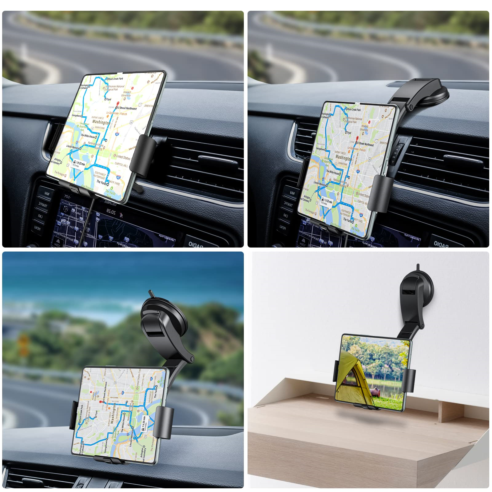 Vier Bilder eines Telefonhalters im Auto. Das Telefon ist am Armaturenbrett und an der Windschutzscheibe befestigt.