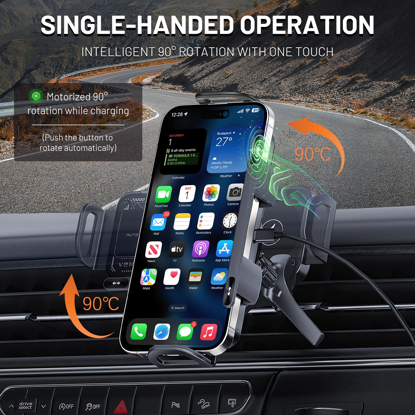 Telefon in einer Autohalterung, zeigt einen Telefonbildschirm mit Apps und Karte.