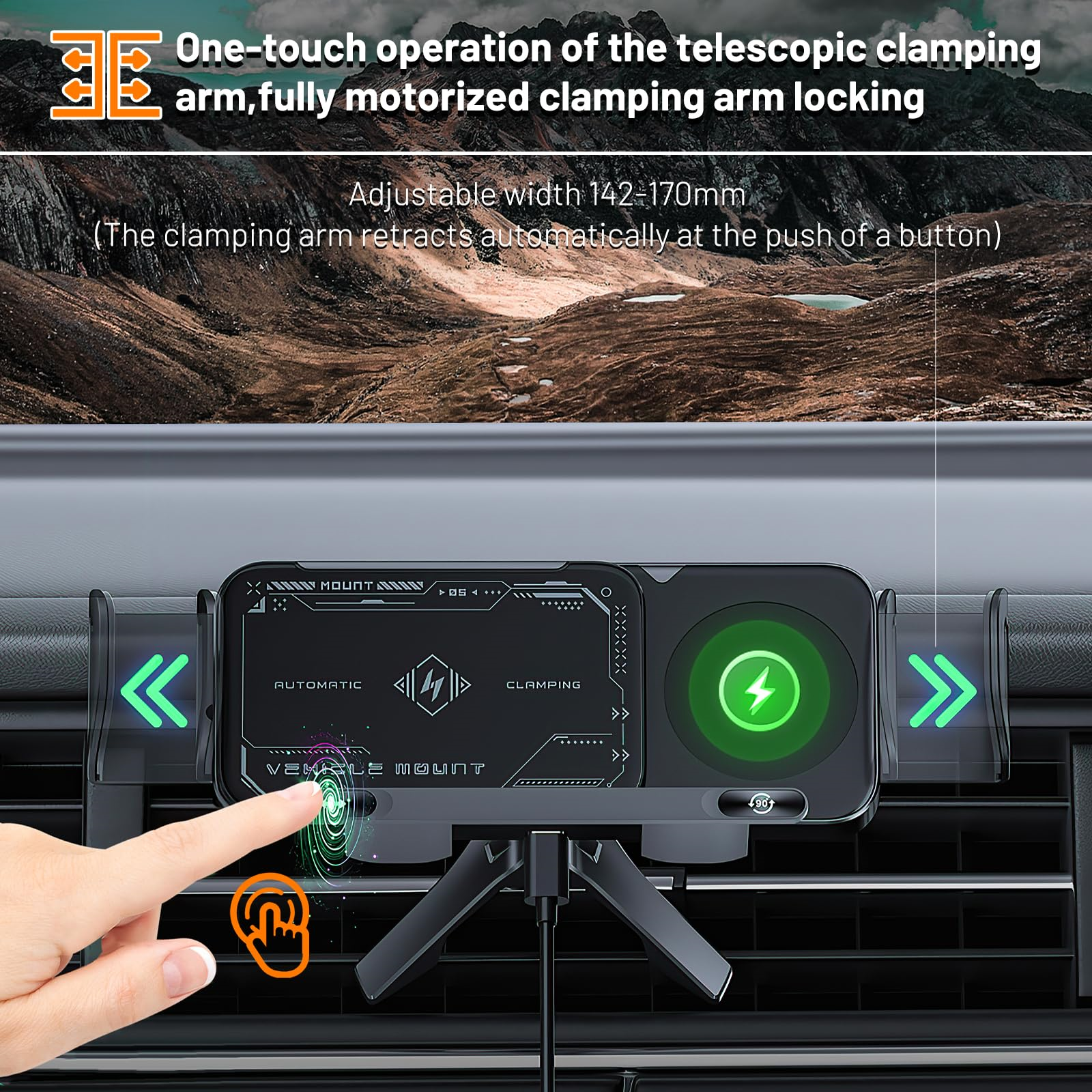 Ein Telefonhalter im Auto, mit Pfeilen und einer Hand, die einen Knopf drückt, vor einem Bergpanorama.