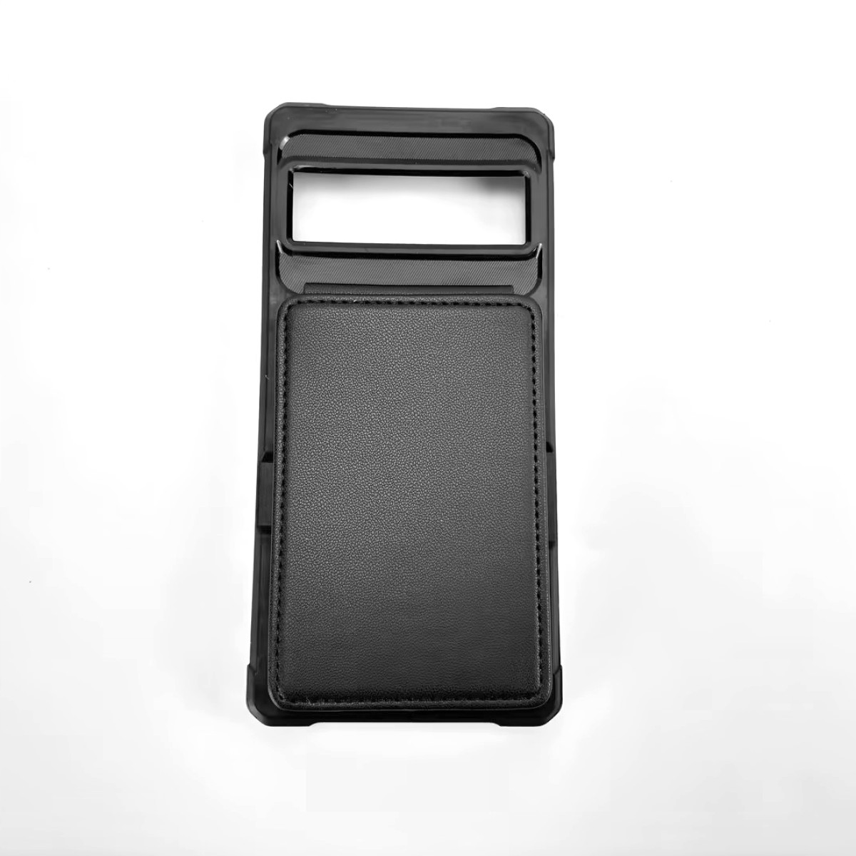 Custodia nera per telefono con porta carte, design semplice su sfondo bianco.