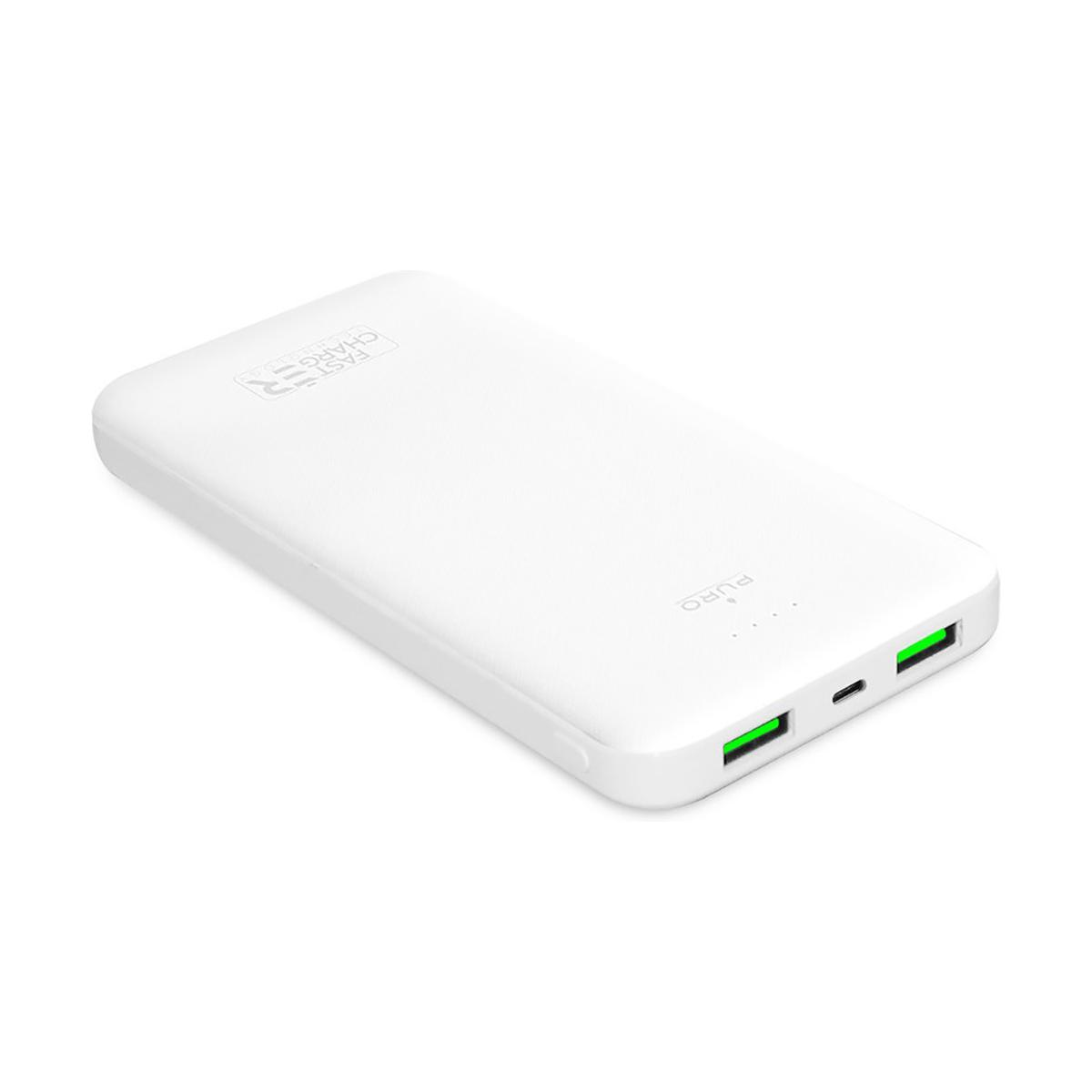 Un power bank bianco con due porte USB verdi, su sfondo bianco.