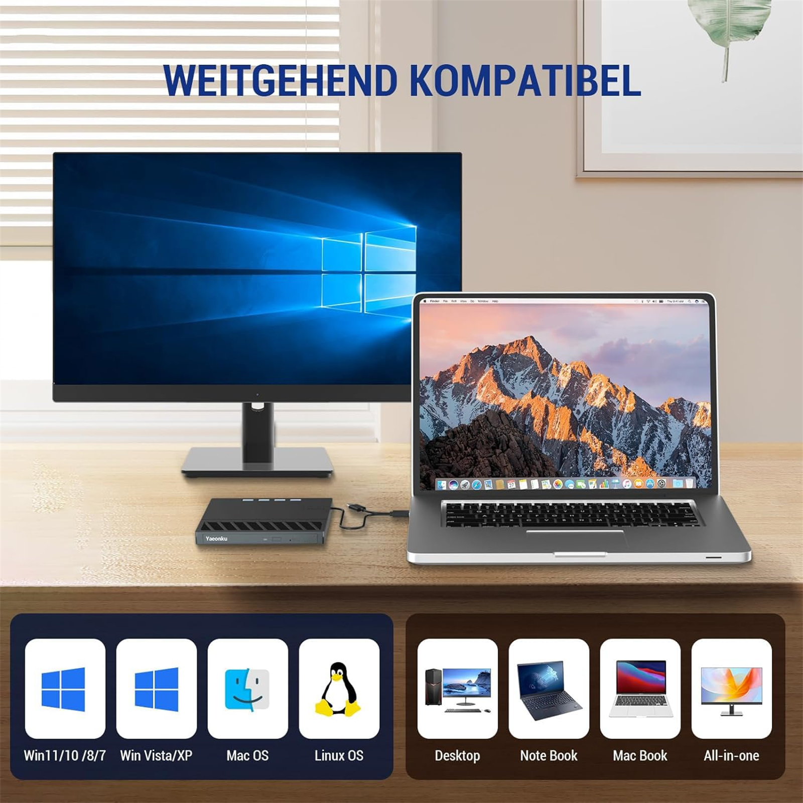 Laptop, Monitor und USB-Hub auf einem Schreibtisch. Windows-, Mac OS- und Linux OS-Symbole sind vorhanden.