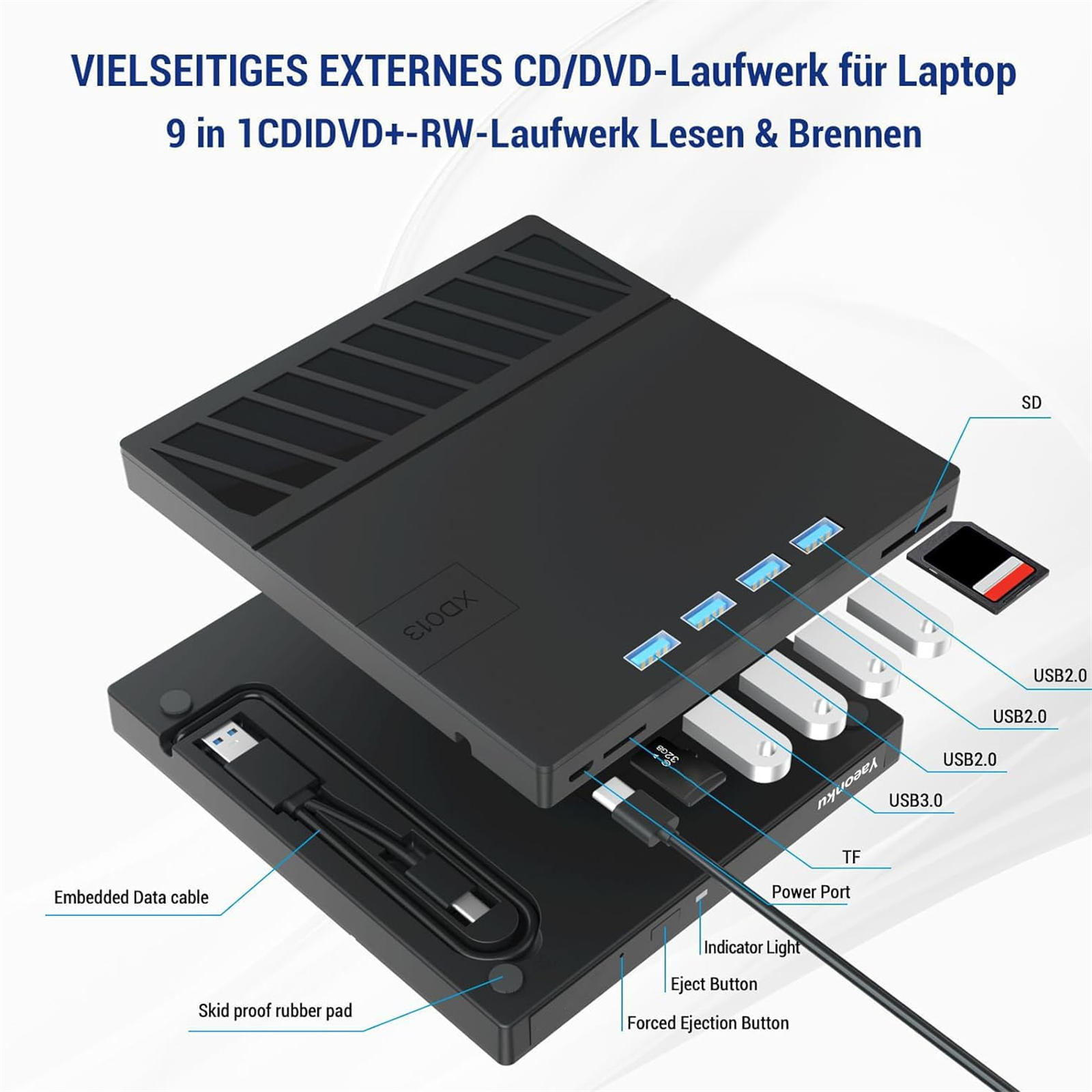Externes CD/DVD-Laufwerk für Laptop. Schwarz, mit USB-Anschlüssen, SD-Kartensteckplatz und Auswurftaste.