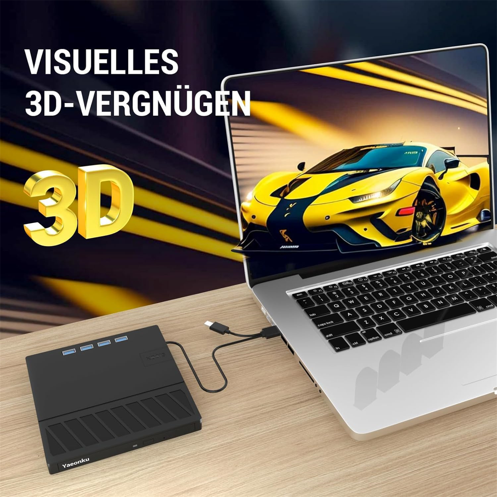Ein Laptop mit einem 3D-Auto-Bild. Ein schwarzes Gerät ist angeschlossen. Text: Visueller 3D-Genuss.